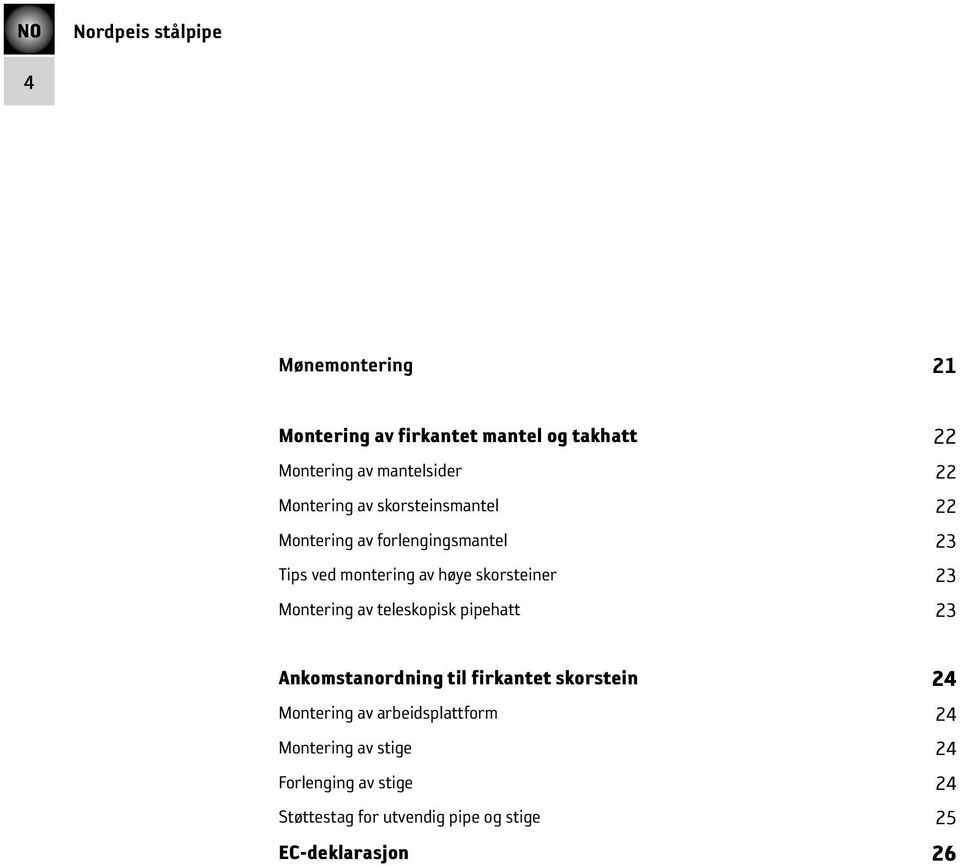 Montering av teleskopisk pipehatt 23 Ankomstanordning til firkantet skorstein 24 Montering av