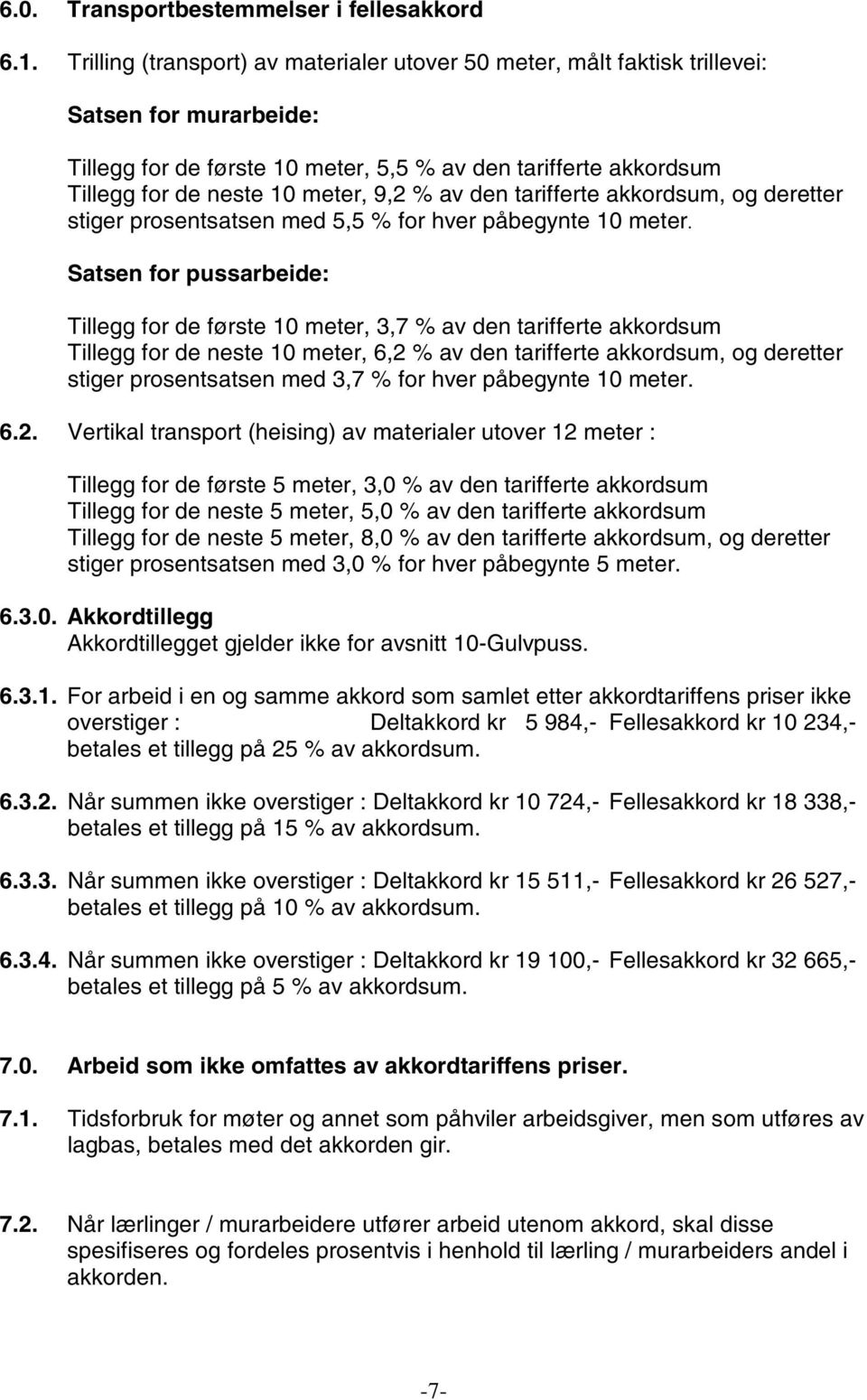 % av den tarifferte akkordsum, og deretter stiger prosentsatsen med 5,5 % for hver påbegynte 10 meter.