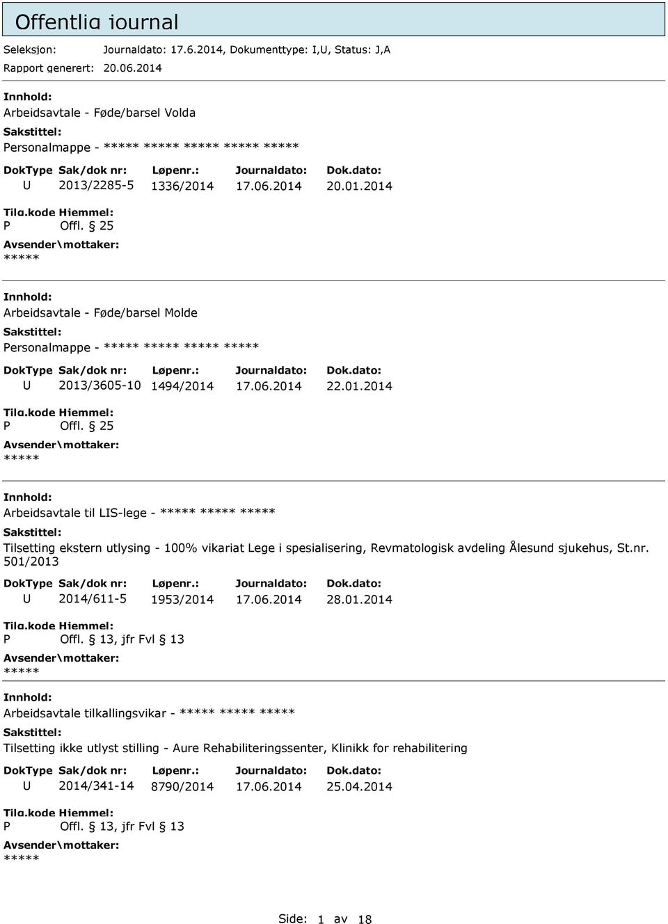 25 22.01.2014 Arbeidsavtale til LS-lege - Tilsetting ekstern utlysing - 100% vikariat Lege i spesialisering, Revmatologisk avdeling Ålesund sjukehus, St.nr.