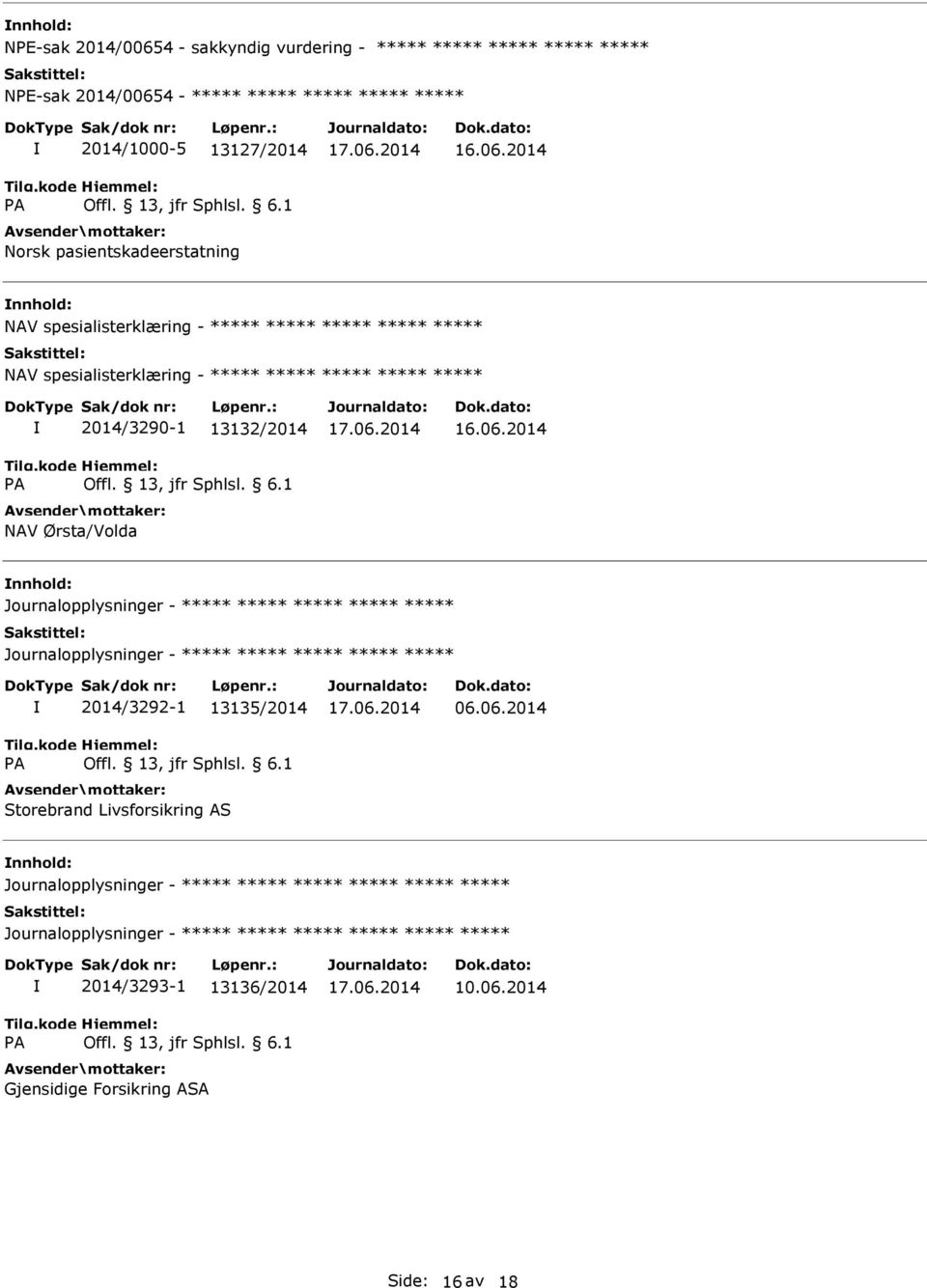 Journalopplysninger - Journalopplysninger - 2014/3292-1 13135/2014 Storebrand Livsforsikring AS 06.