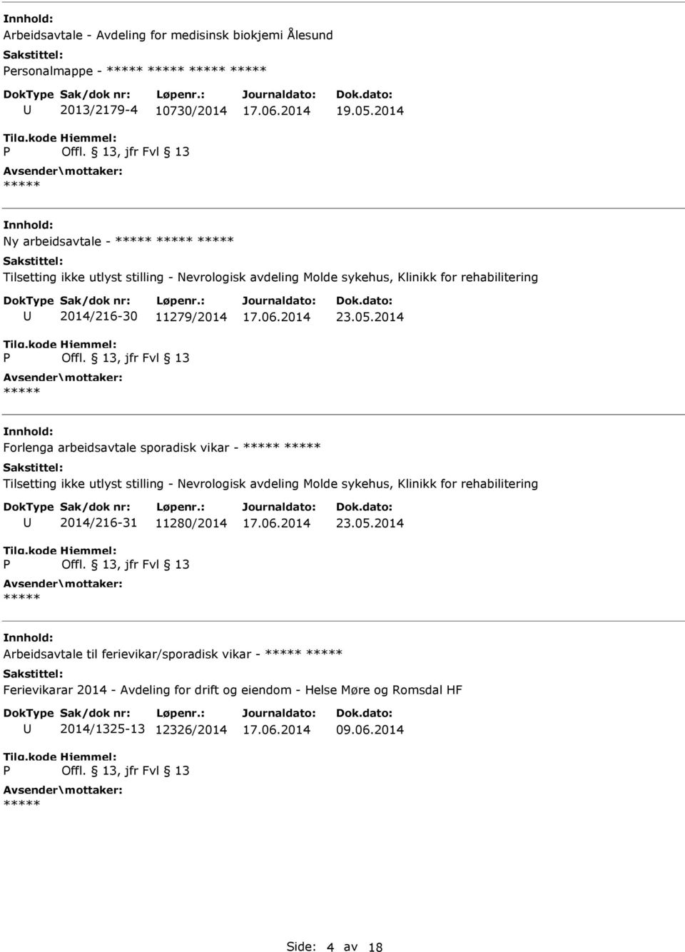 2014 Forlenga arbeidsavtale sporadisk vikar - Tilsetting ikke utlyst stilling - Nevrologisk avdeling Molde sykehus, Klinikk for rehabilitering