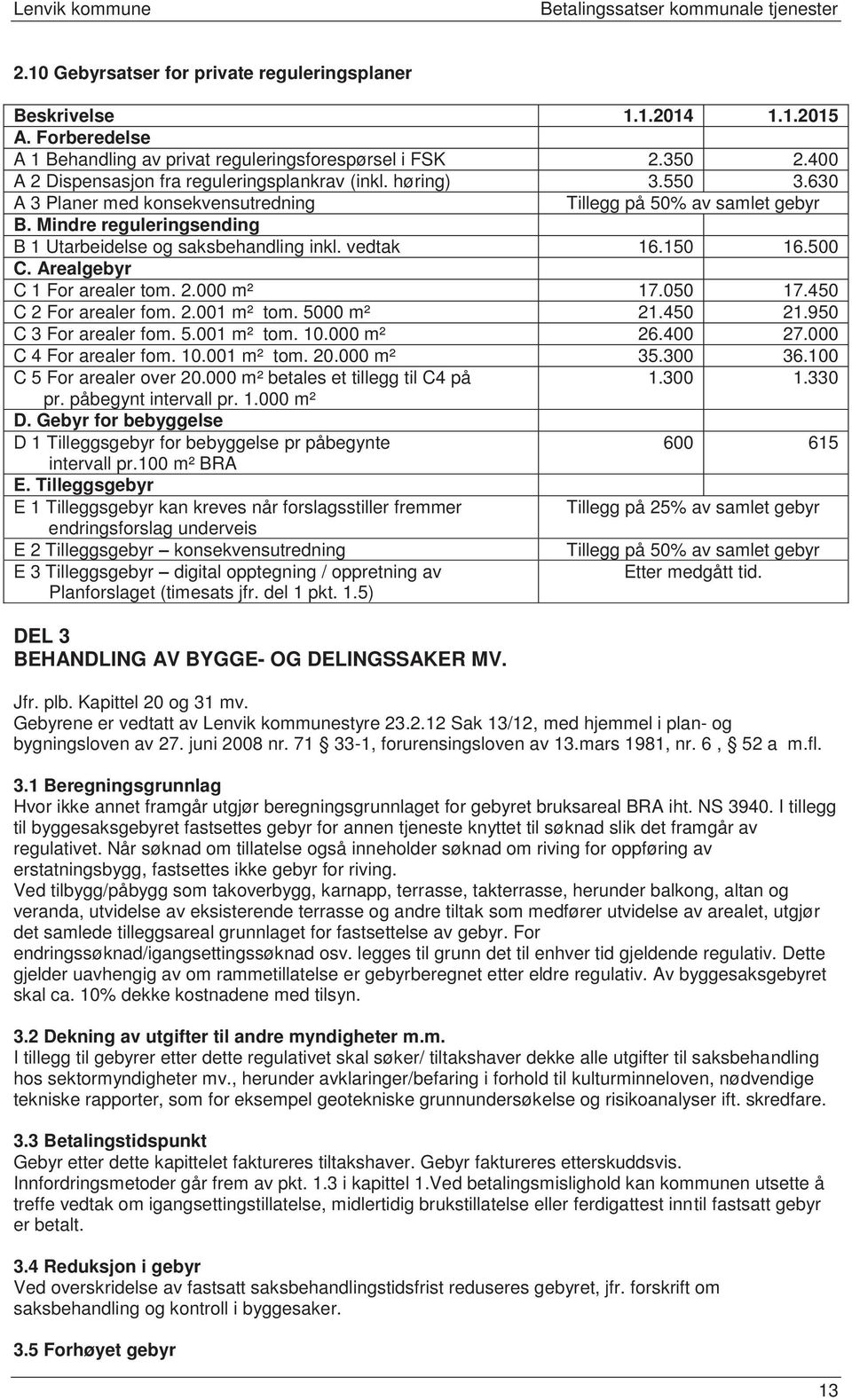 Mindre reguleringsending B 1 Utarbeidelse og saksbehandling inkl. vedtak 16.150 16.500 C. Arealgebyr C 1 For arealer tom. 2.000 m² 17.050 17.450 C 2 For arealer fom. 2.001 m² tom. 5000 m² 21.450 21.