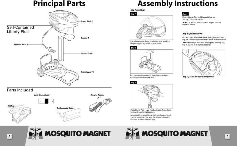 Bug Bag Installation: Regulator Hose (1) Trumpet (1) Place base upside down on a flat surface, unfold U- shaped support leg until it locks in place.