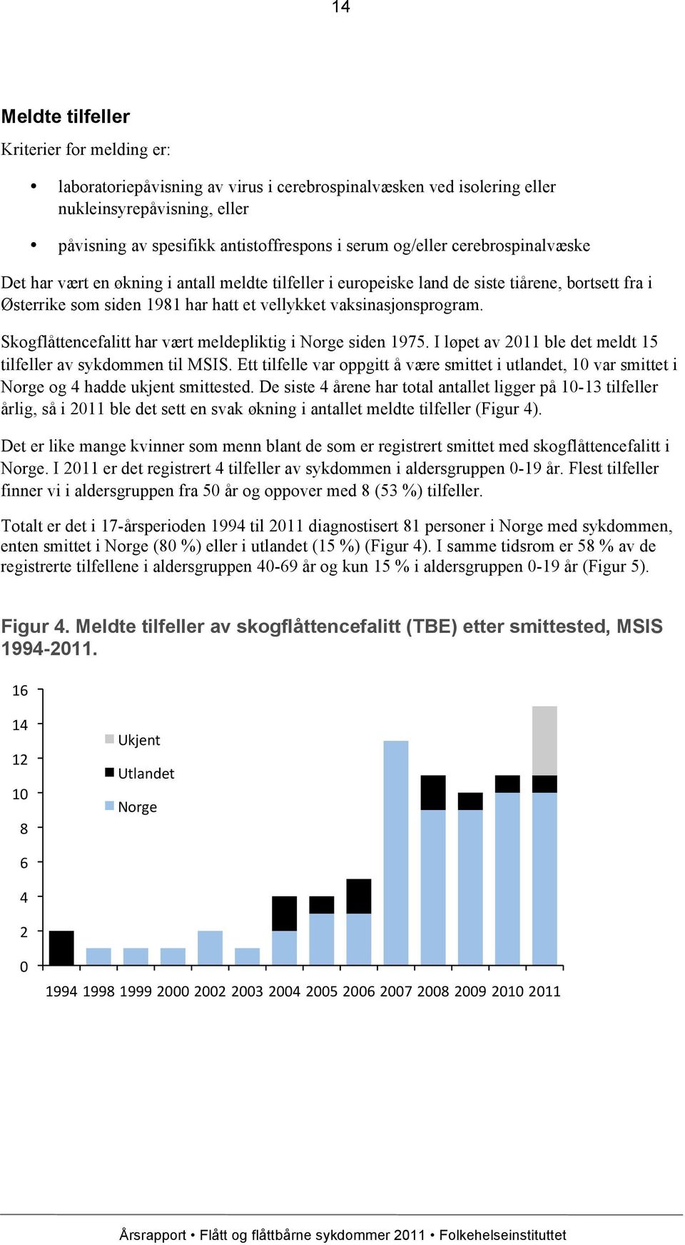 Skogflåttencefalitt har vært meldepliktig i Norge siden 1975. I løpet av 2011 ble det meldt 15 tilfeller av sykdommen til MSIS.