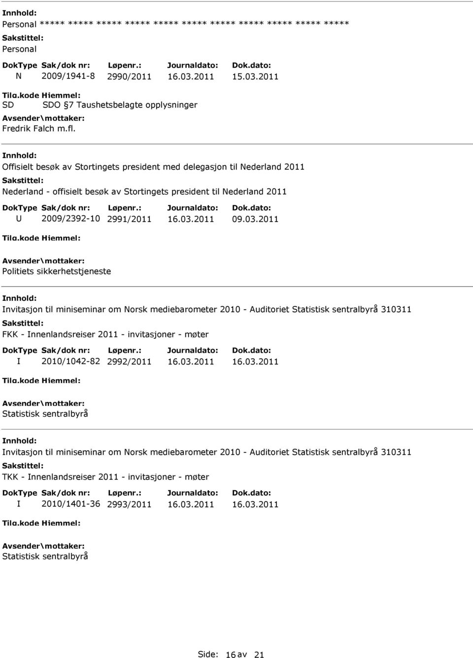 2011 Politiets sikkerhetstjeneste nvitasjon til miniseminar om Norsk mediebarometer 2010 - Auditoriet Statistisk sentralbyrå 310311 FKK - nnenlandsreiser 2011 - invitasjoner - møter