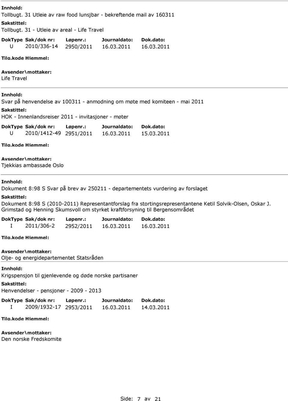 2010/1412-49 2951/2011 Tjekkias ambassade Oslo Dokument 8:98 S Svar på brev av 250211 - departementets vurdering av forslaget Dokument 8:98 S (2010-2011) Representantforslag fra