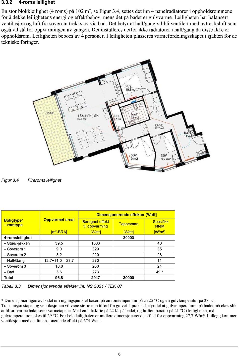 Leiligheten har balansert ventilasjon og luft fra soverom trekks av via bad. Det betyr at hall/gang vil bli ventilert med avtrekksluft som også vil stå for oppvarmingen av gangen.