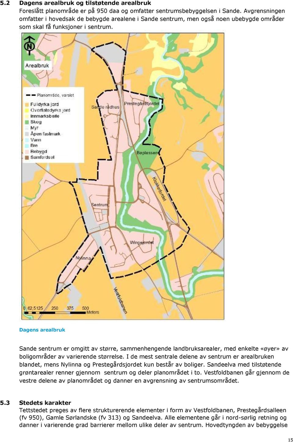 Dagens arealbruk Sande sentrum er omgitt av større, sammenhengende landbruksarealer, med enkelte «øyer» av boligområder av varierende størrelse.