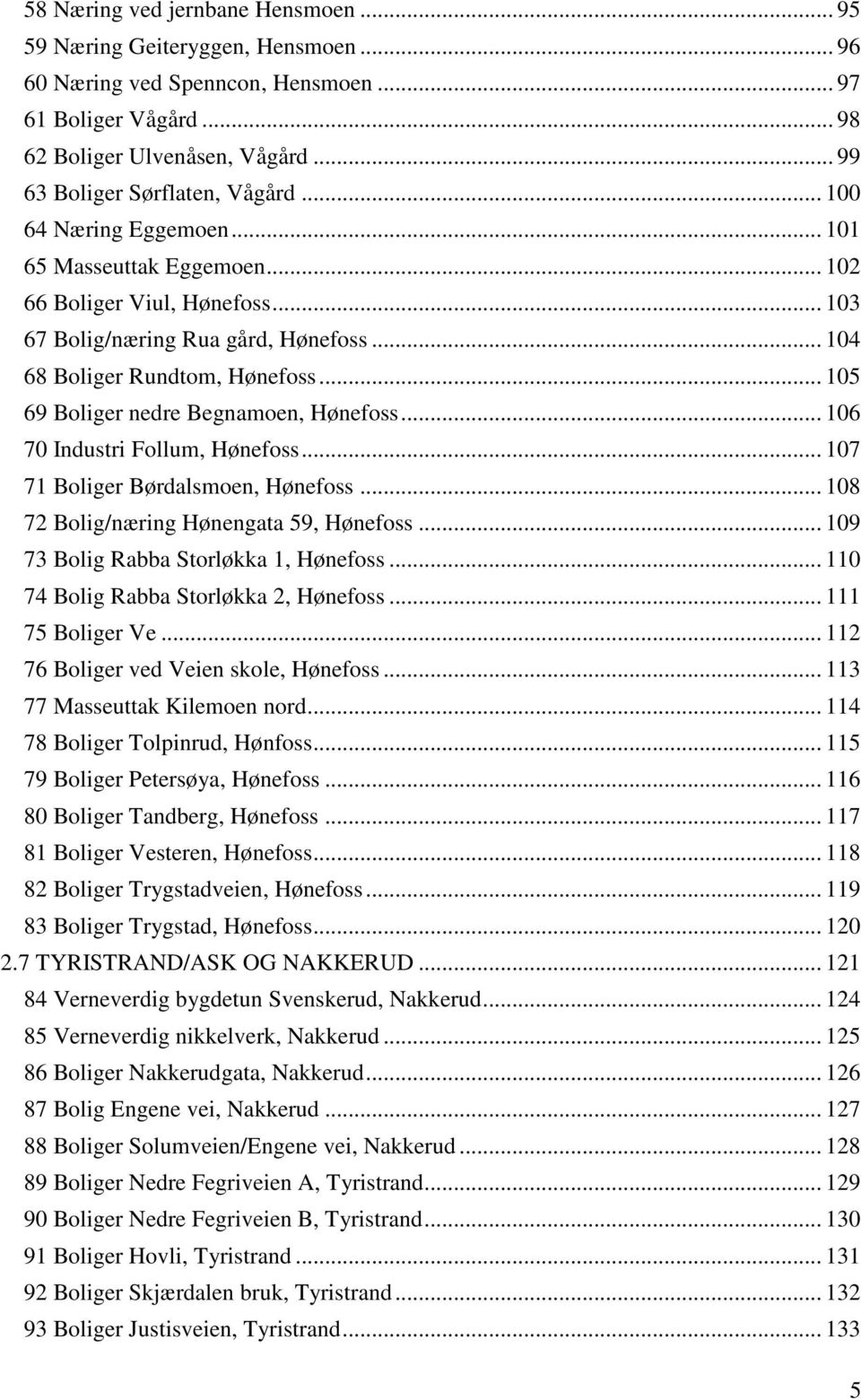 .. 105 69 Boliger nedre Begnamoen, Hønefoss... 106 70 Industri Follum, Hønefoss... 107 71 Boliger Børdalsmoen, Hønefoss... 108 72 Bolig/næring Hønengata 59, Hønefoss.