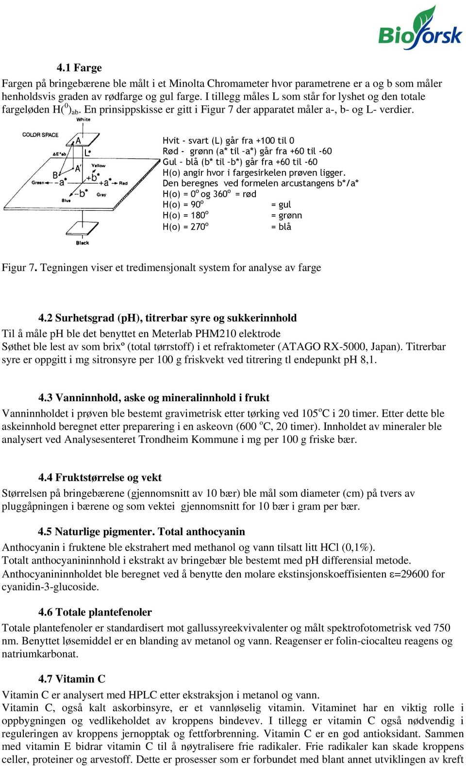 Hvit - svart (L) går fra +100 til 0 Rød - grønn (a* til a*) går fra +60 til -60 Gul blå (b* til b*) går fra +60 til -60 H(o) angir hvor i fargesirkelen prøven ligger.