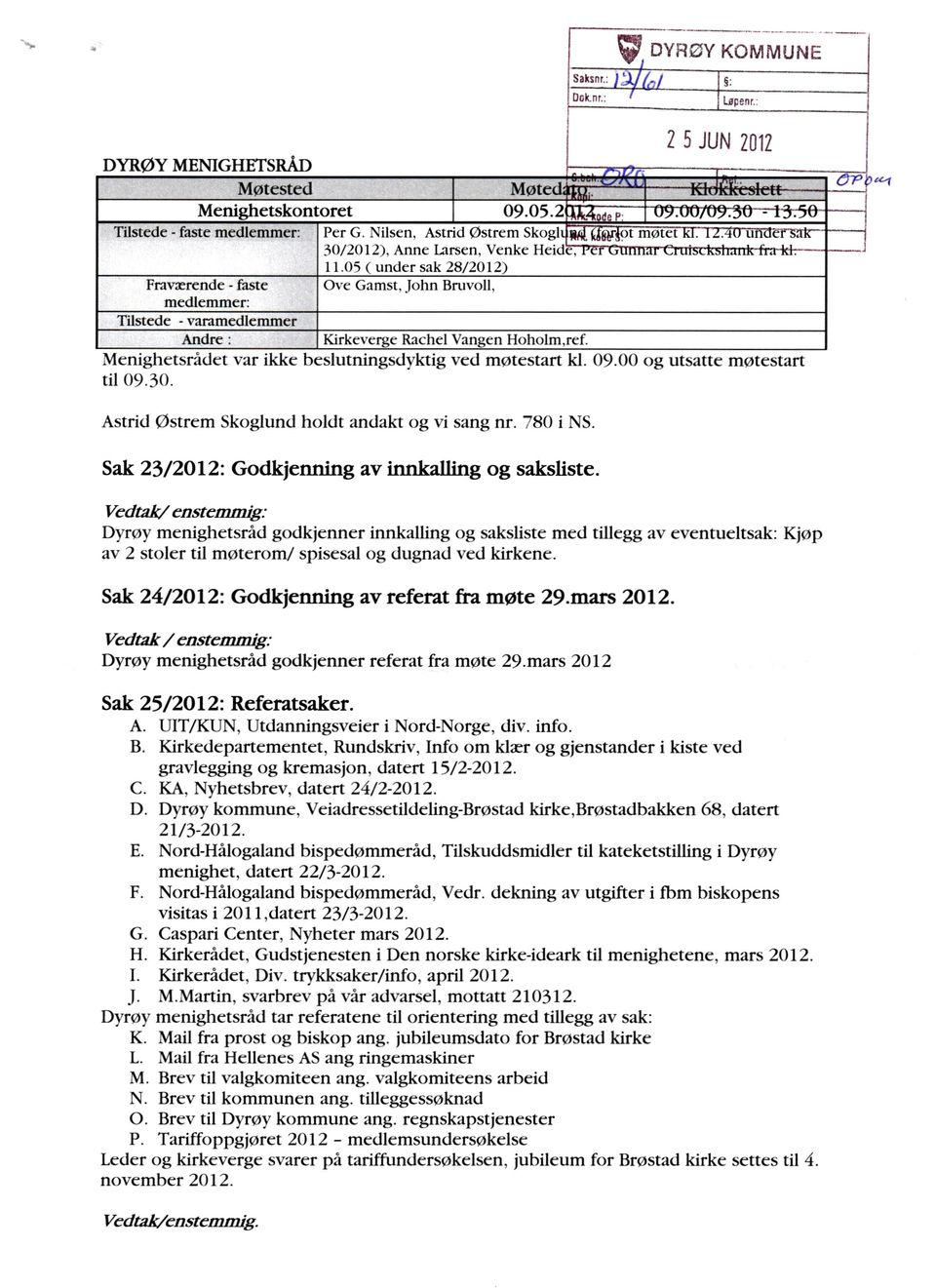 05 ( under sak 28/2012) Ove Gamst, john Bruvoll,. 12.4(1 unders:tk1iskslitiikfra---kb Kirkeverge Rachel Vangen Hoholm,ref. var ikke beslutningsdyktig ved møtestart kl. 09.