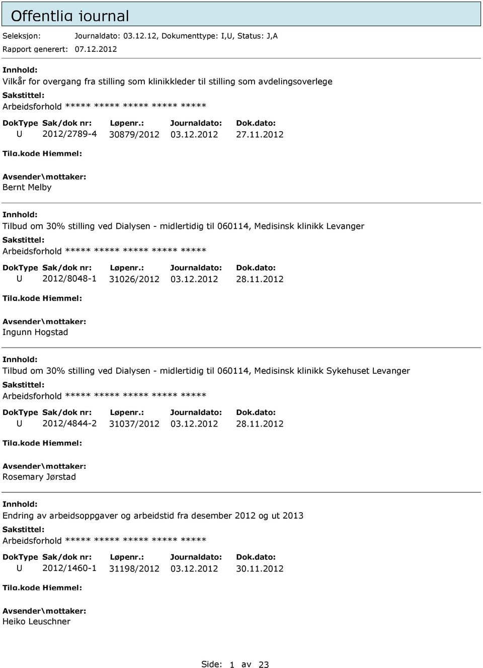 2012 Bernt Melby Tilbud om 30% stilling ved Dialysen - midlertidig til 060114