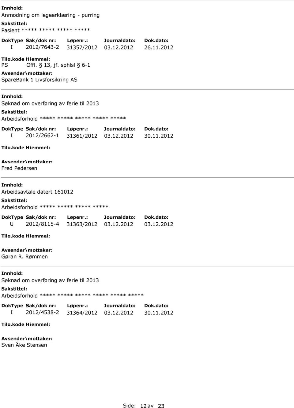 2012 Søknad om overføring av ferie til 2013 2012/2662-1 31361/2012 Fred Pedersen Arbeidsavtale datert