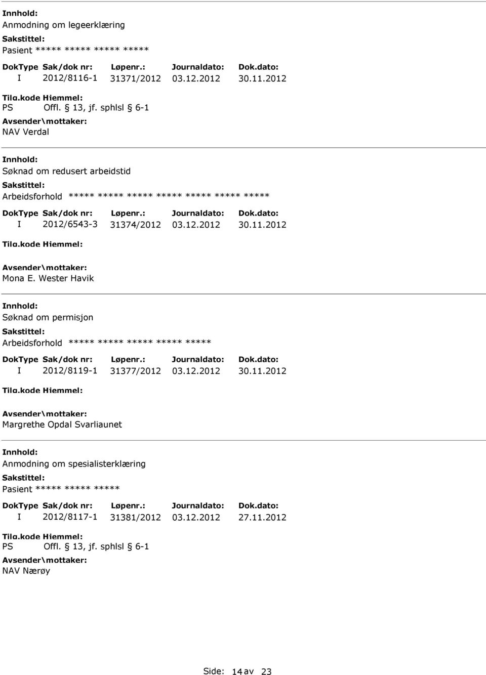 Wester Havik Søknad om permisjon 2012/8119-1 31377/2012 Margrethe Opdal Svarliaunet