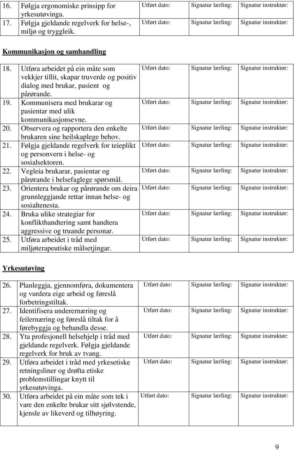 Observera og rapportera den enkelte brukaren sine heilskaplege behov. 21. Følgja gjeldande regelverk for teieplikt og personvern i helse- og sosialsektoren. 22.