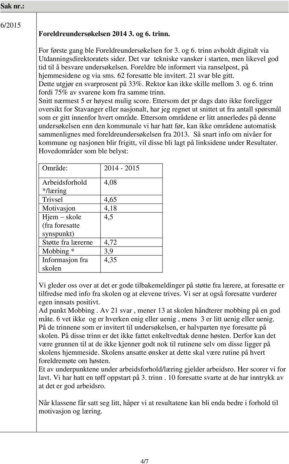 Dette utgjør en svarprosent på 33%. Rektor kan ikke skille mellom 3. og 6. trinn fordi 75% av svarene kom fra samme trinn. Snitt nærmest 5 er høyest mulig score.