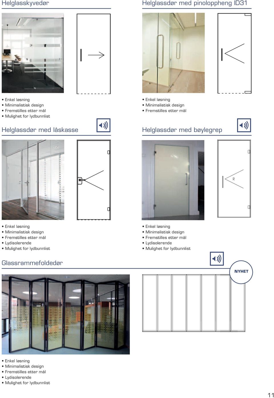 Fremstilles etter mål Lydisolerende Mulighet for lydbunnlist Enkel løsning Minimalistisk design Fremstilles etter mål Lydisolerende