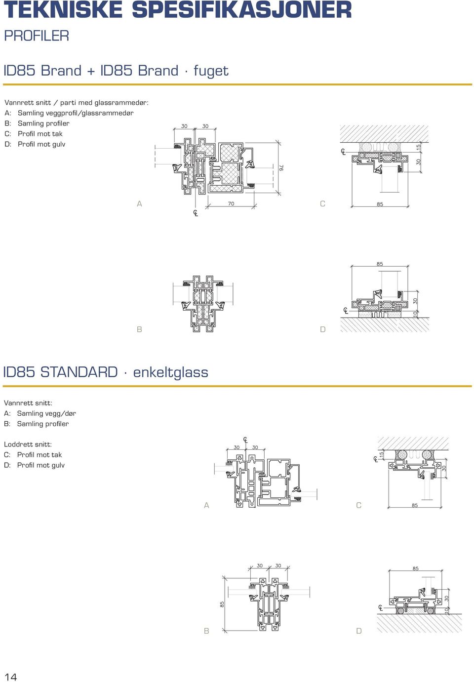 mot tak D: Profil mot gulv A C B D ID85 STANDARD enkeltglass Vannrett snitt: A: Samling