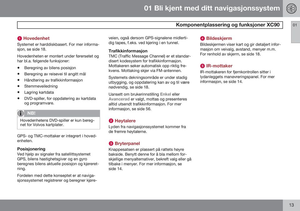 bl.a. følgende funksjoner: Beregning av bilens posisjon Beregning av reisevei til angitt mål Håndtering av trafikkinformasjon Stemmeveiledning Lagring kartdata DVD-spiller, for oppdatering av