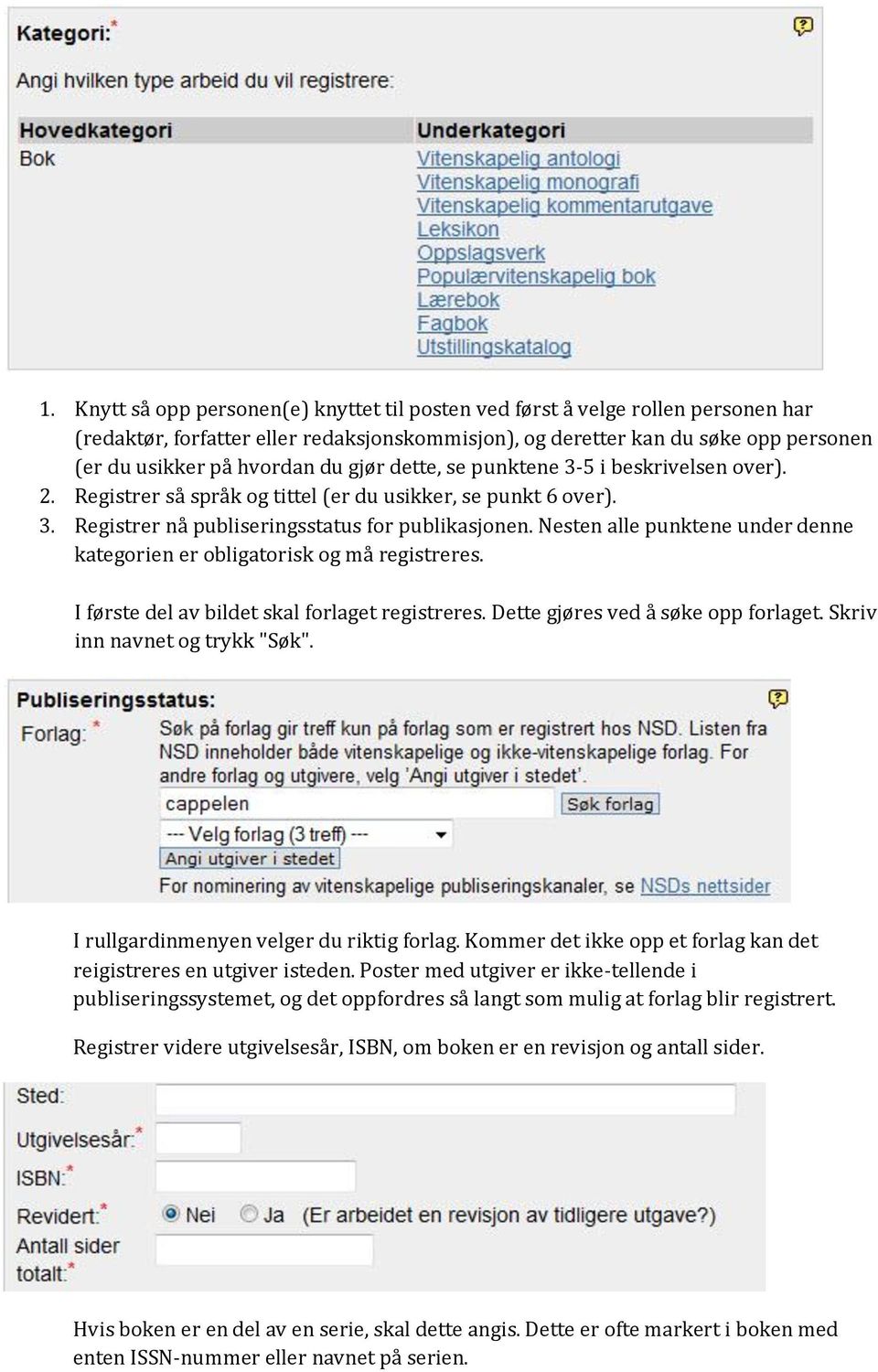 Nesten alle punktene under denne kategorien er obligatorisk og må registreres. I første del av bildet skal forlaget registreres. Dette gjøres ved å søke opp forlaget. Skriv inn navnet og trykk "Søk".