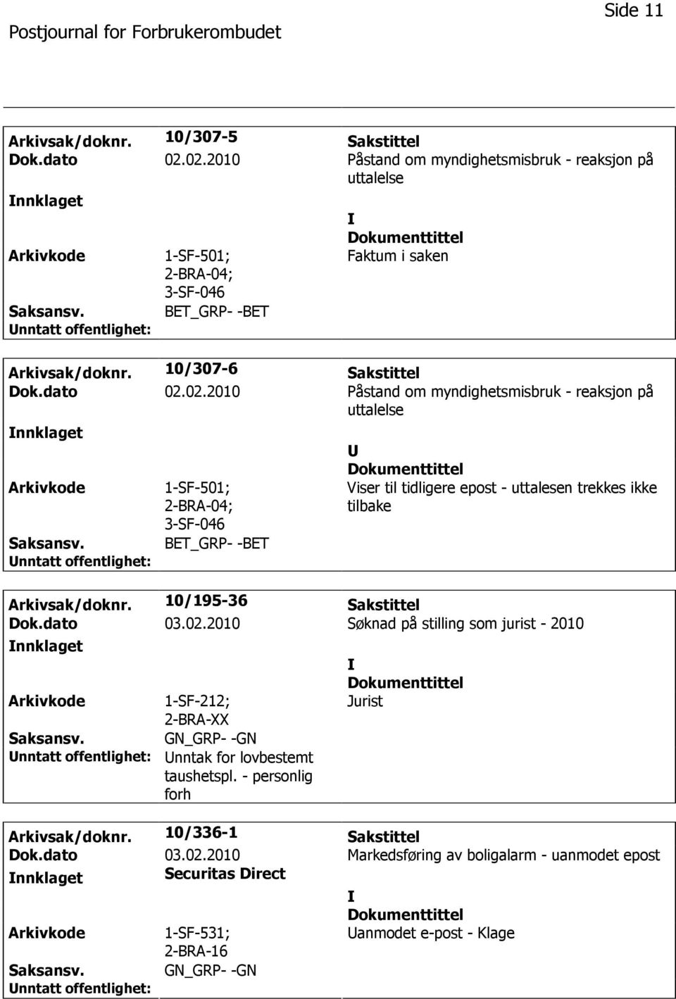 10/195-36 Sakstittel Dok.dato 03.02.2010 Søknad på stilling som jurist - 2010 nnklaget 1-SF-212; 2-BRA-XX nntak for lovbestemt taushetspl. - personlig forh Jurist Arkivsak/doknr.