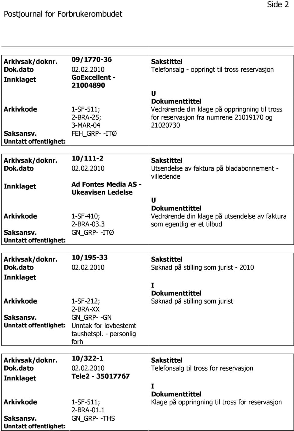 numrene 21019170 og 21020730 Arkivsak/doknr. 10/111-2 Sakstittel Dok.dato 02.02.2010 tsendelse av faktura på bladabonnement - villedende nnklaget Ad Fontes Media AS - keavisen Ledelse 1-SF-410; 2-BRA-03.