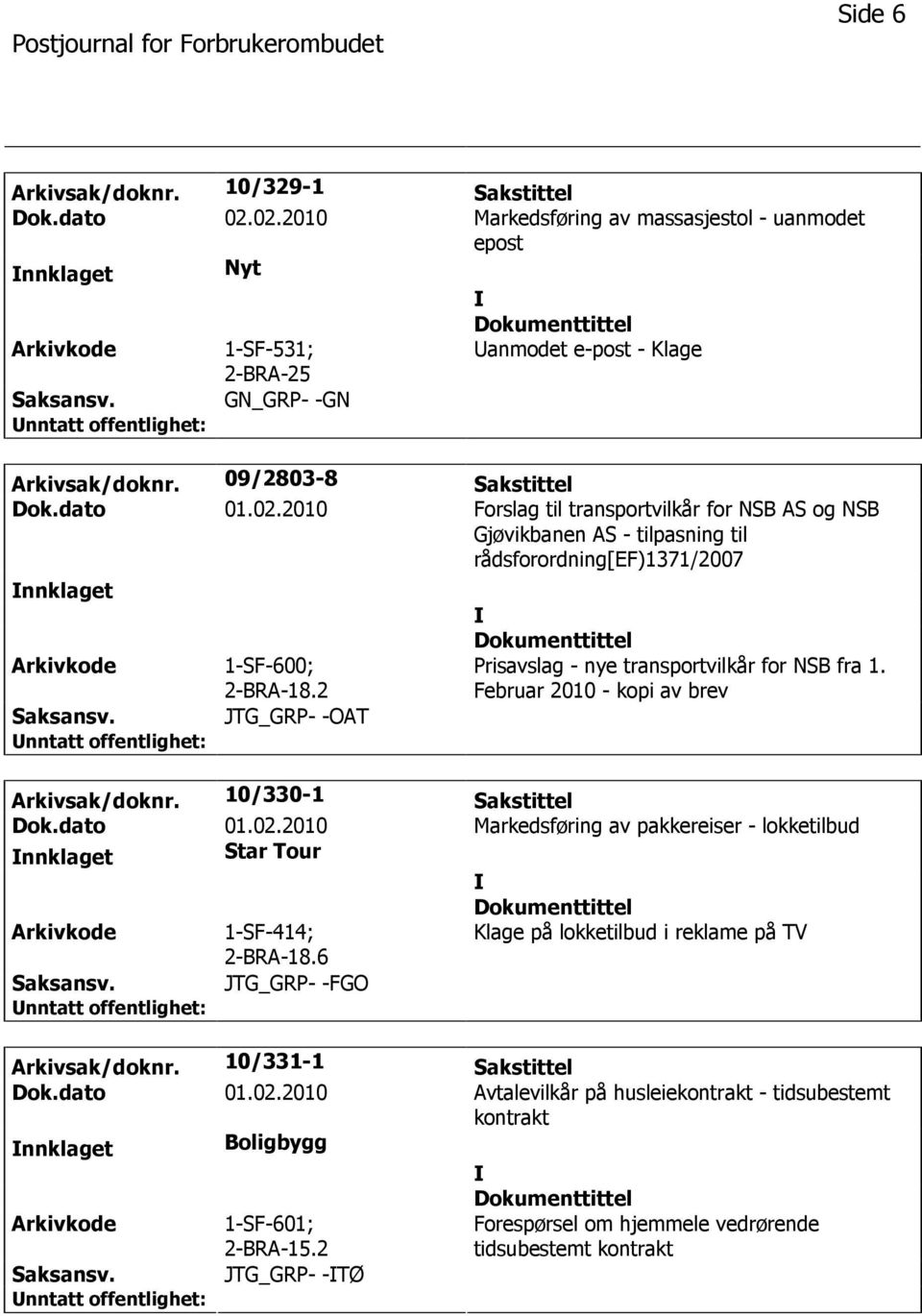 2 JTG_GRP- -OAT Prisavslag - nye transportvilkår for NSB fra 1. Februar 2010 - kopi av brev Arkivsak/doknr. 10/330-1 Sakstittel Dok.dato 01.02.