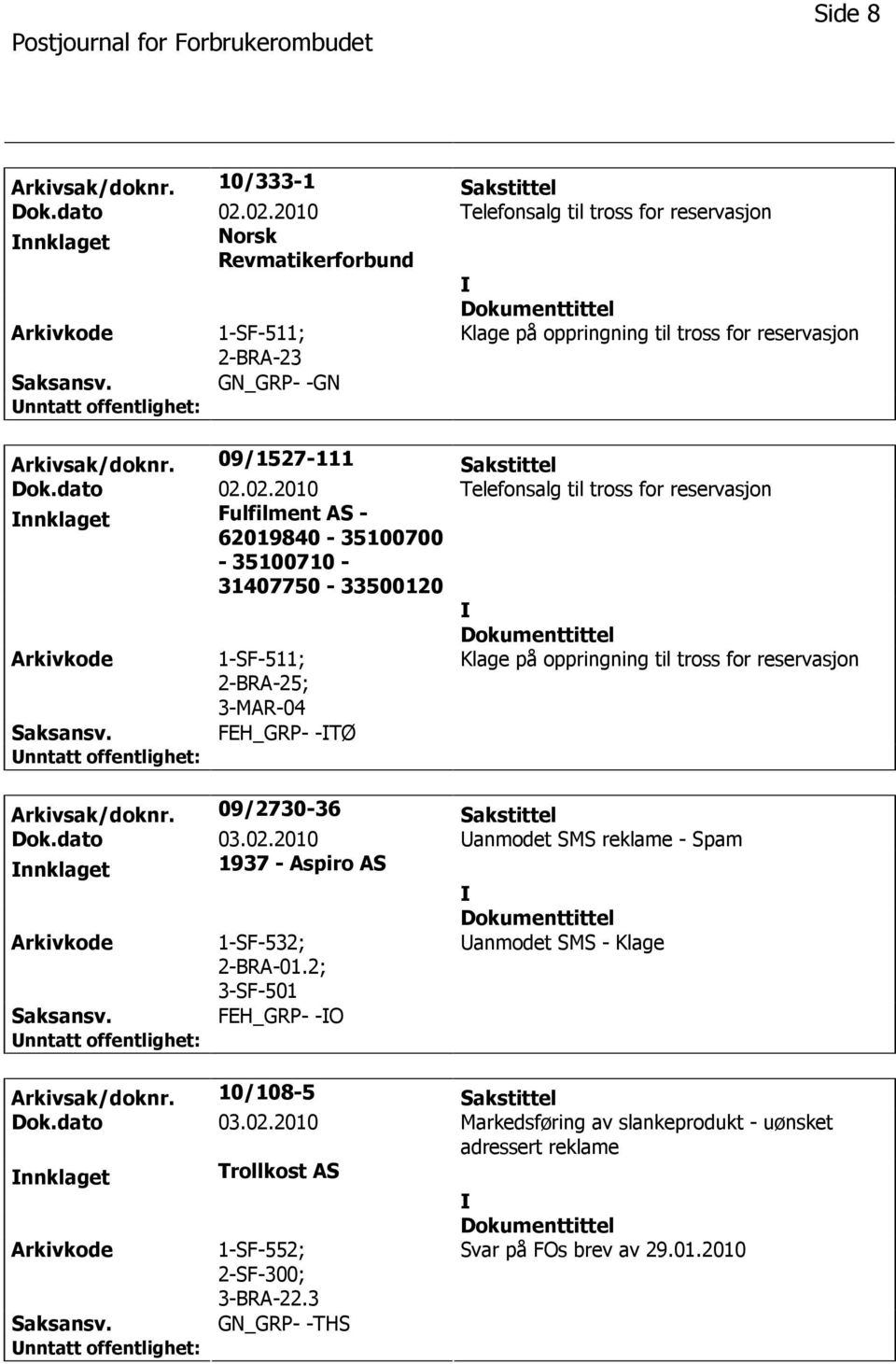 09/2730-36 Sakstittel Dok.dato 03.02.2010 anmodet SMS reklame - Spam nnklaget 1937 - Aspiro AS 1-SF-532; 2-BRA-01.