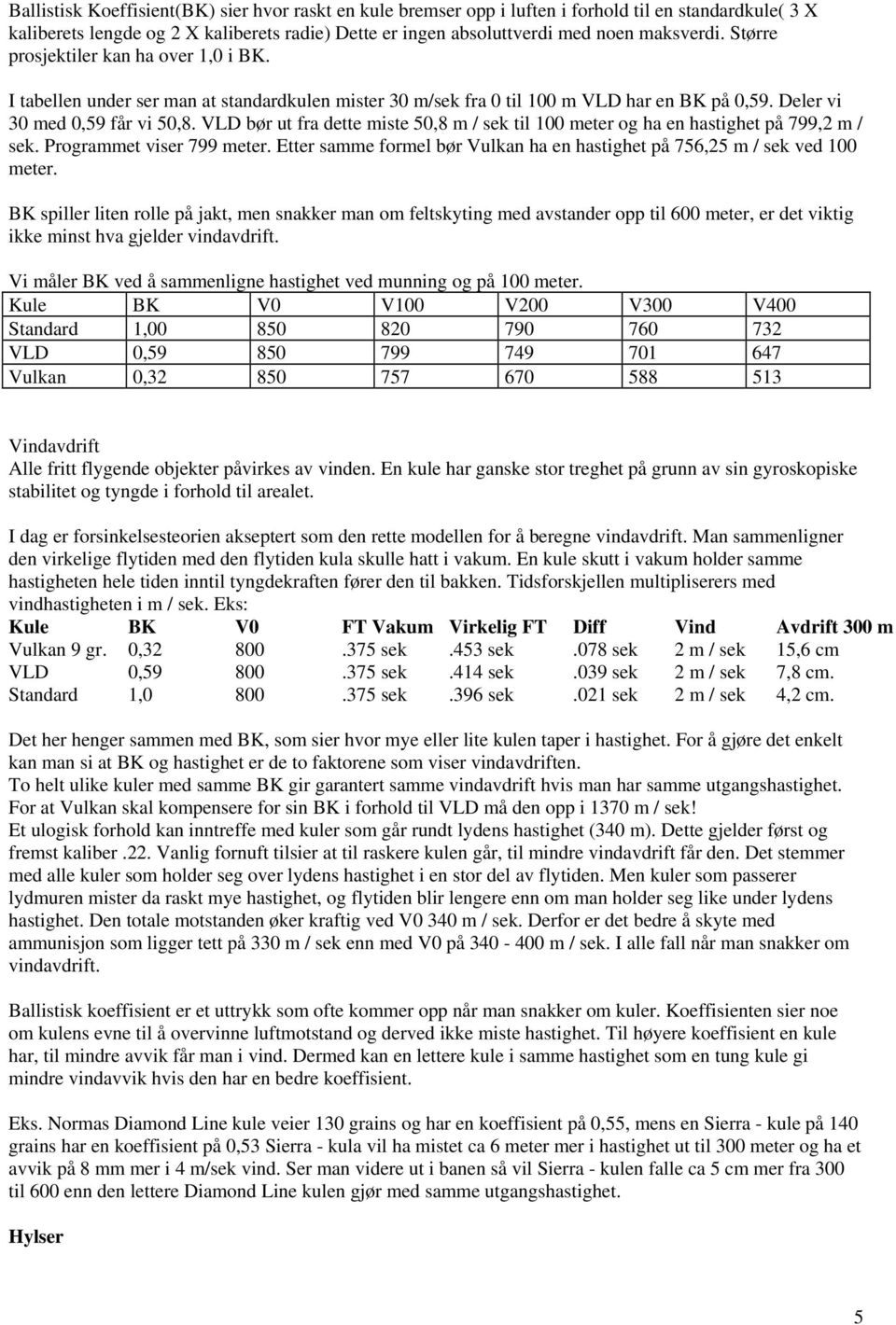 VLD bør ut fra dette miste 50,8 m / sek til 100 meter og ha en hastighet på 799,2 m / sek. Programmet viser 799 meter. Etter samme formel bør Vulkan ha en hastighet på 756,25 m / sek ved 100 meter.