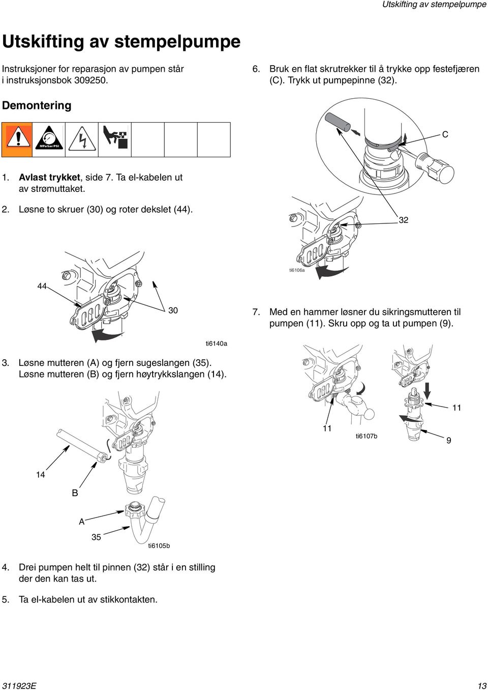 Løsne to skruer (30) og roter dekslet (44). 32 44 30 7. Med en hammer løsner du sikringsmutteren til pumpen (11). Skru opp og ta ut pumpen (9). ti6140a 3.