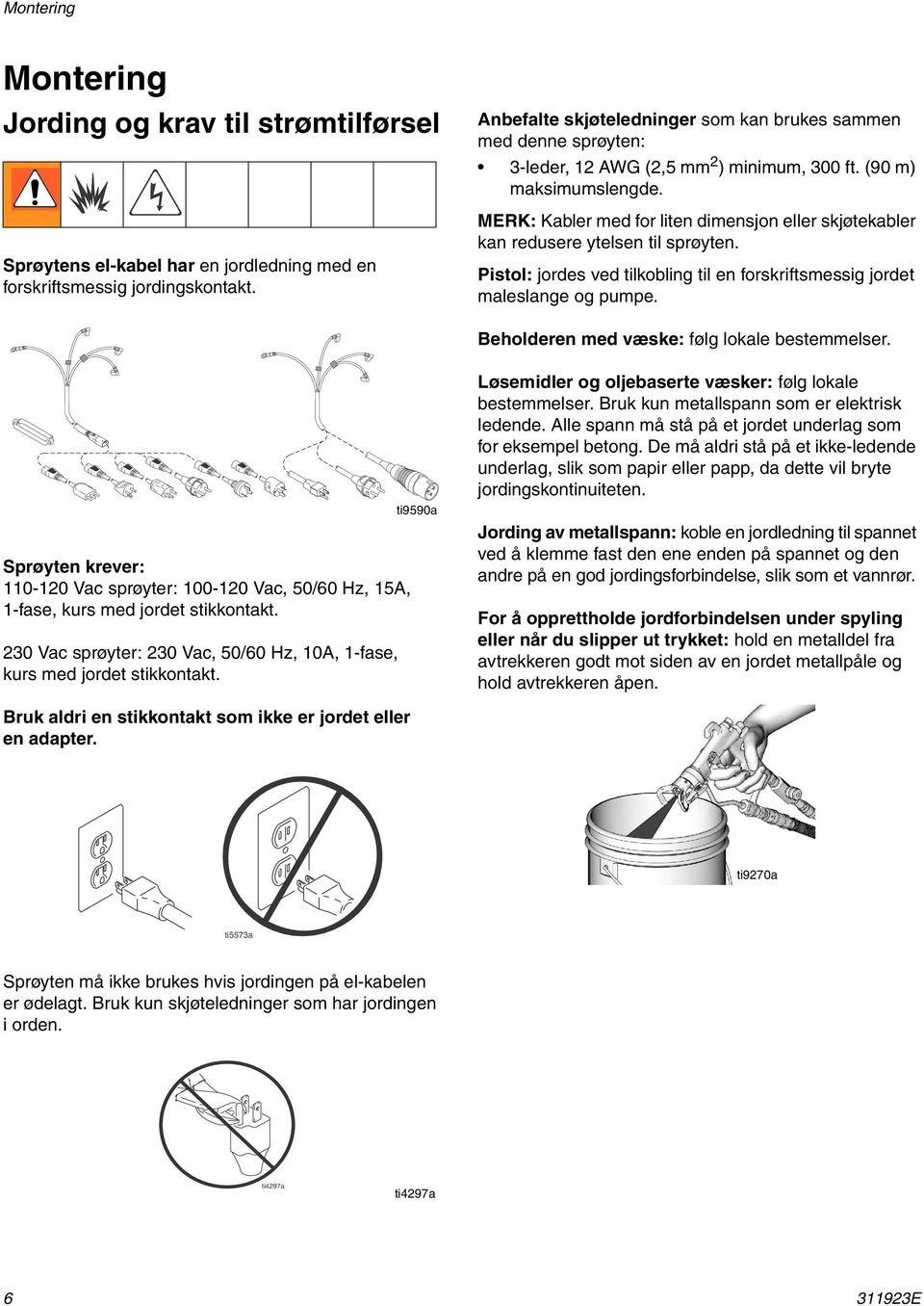MERK: Kabler med for liten dimensjon eller skjøtekabler kan redusere ytelsen til sprøyten. Pistol: jordes ved tilkobling til en forskriftsmessig jordet maleslange og pumpe.