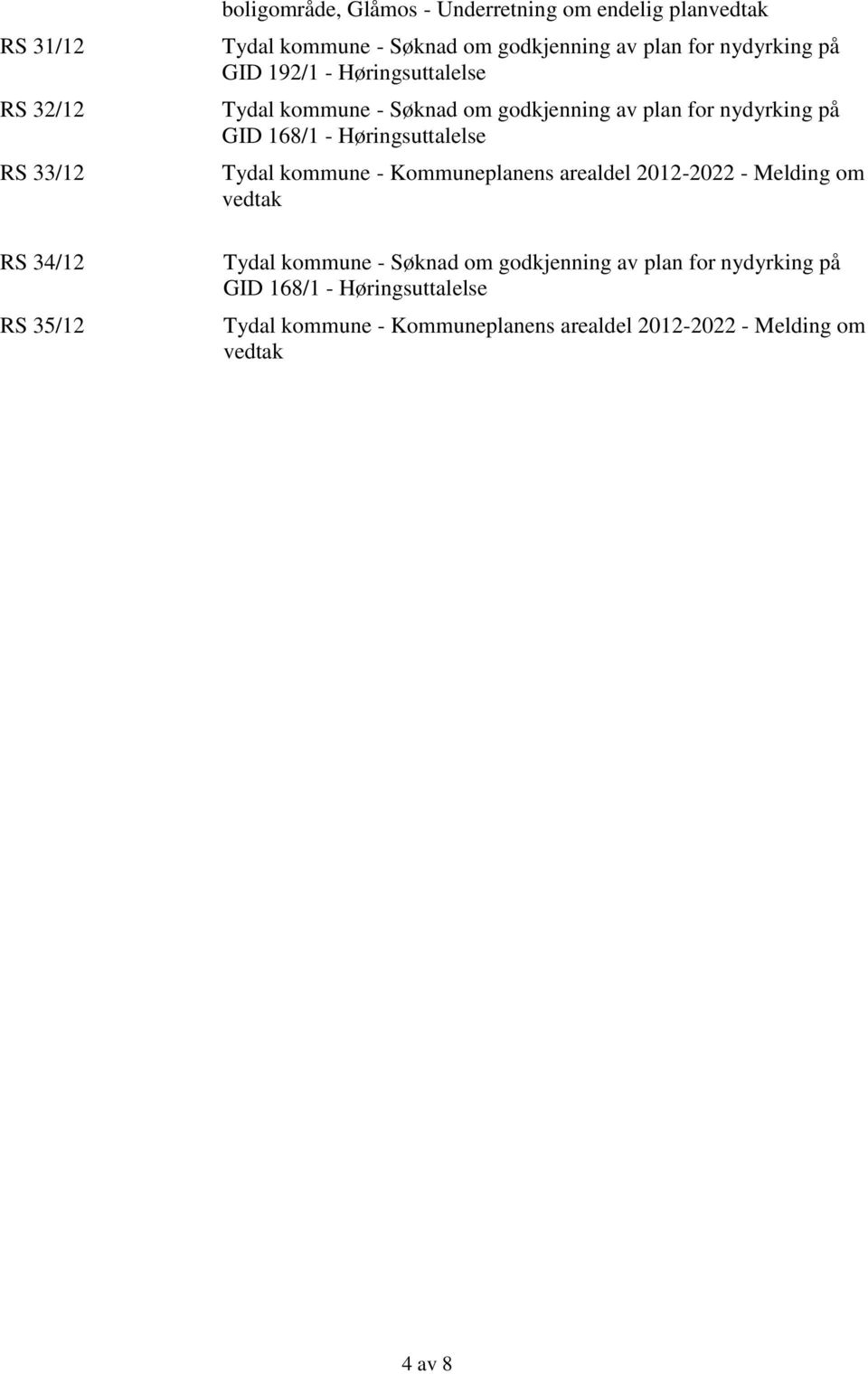 GID 168/1 - Høringsuttalelse Tydal kommune - Kommuneplanens arealdel 2012-2022 - Melding om vedtak Tydal kommune - Søknad om