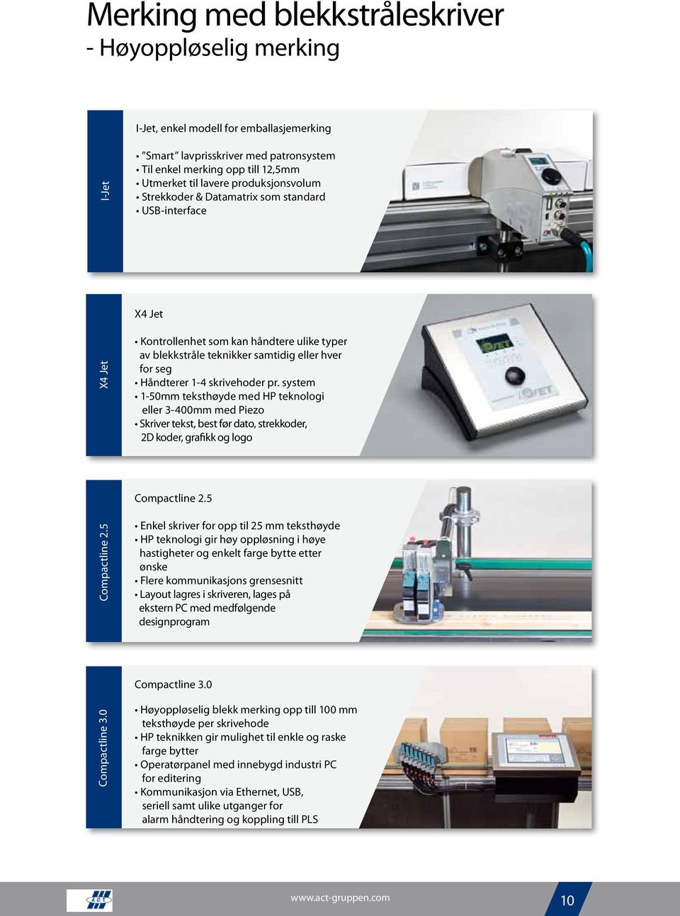 skrivehoder pr. system 1-50mm teksthøyde med HP teknologi eller 3-400mm med Piezo Skriver tekst, best før dato, strekkoder, 2D koder, grafikk og logo Compactline 2.5 Compactline 2.