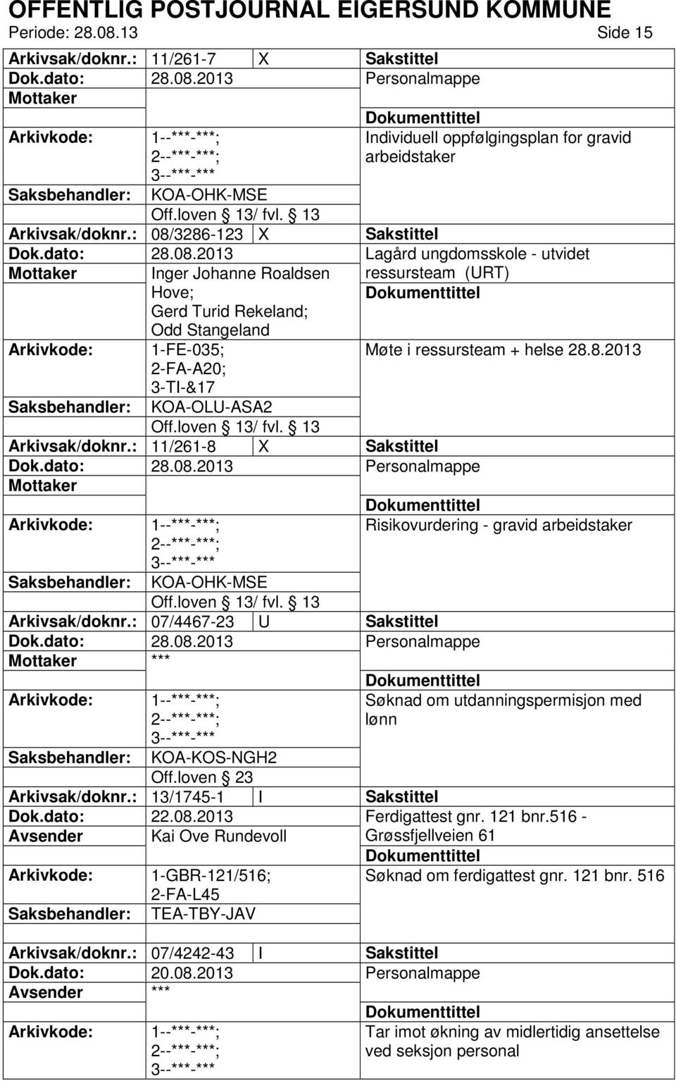 : 11/261-8 X Sakstittel ; KOA-OHK-MSE Arkivsak/doknr.: 07/4467-23 U Sakstittel ; Møte i ressursteam + helse 28.8.2013 Risikovurdering - gravid arbeidstaker Søknad om utdanningspermisjon med lønn KOA-KOS-NGH2 Off.