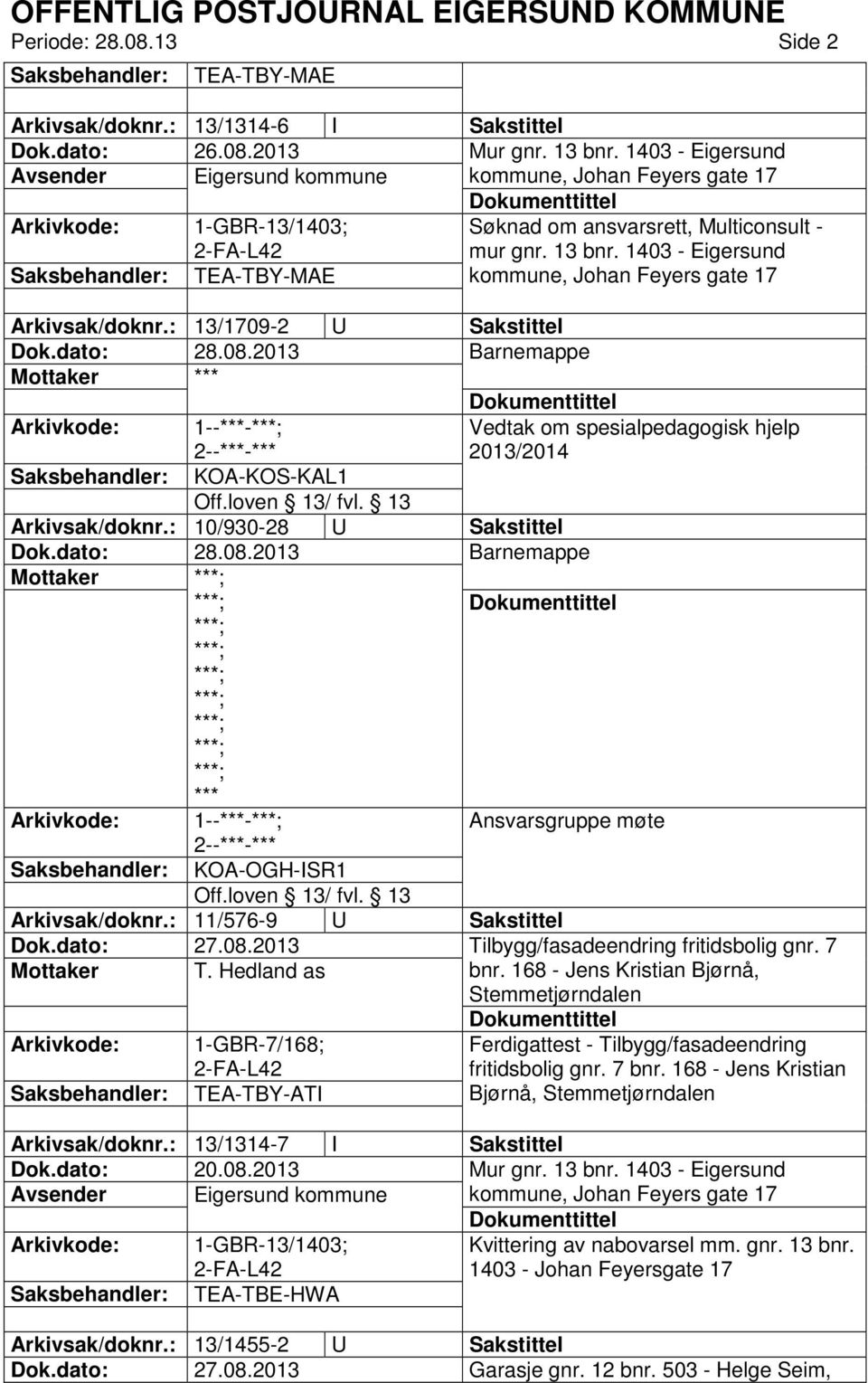 1403 - Eigersund TEA-TBY-MAE kommune, Johan Feyers gate 17 Arkivsak/doknr.: 13/1709-2 U Sakstittel Barnemappe Vedtak om spesialpedagogisk hjelp 2013/2014 KOA-KOS-KAL1 Arkivsak/doknr.