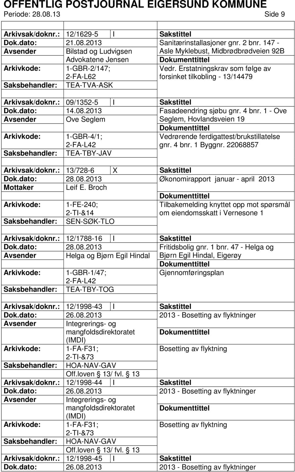 Erstatningskrav som følge av forsinket tilkobling - 13/14479 TEA-TVA-ASK Arkivsak/doknr.: 09/1352-5 I Sakstittel Dok.dato: 14.08.2013 Fasadeendring sjøbu gnr. 4 bnr.