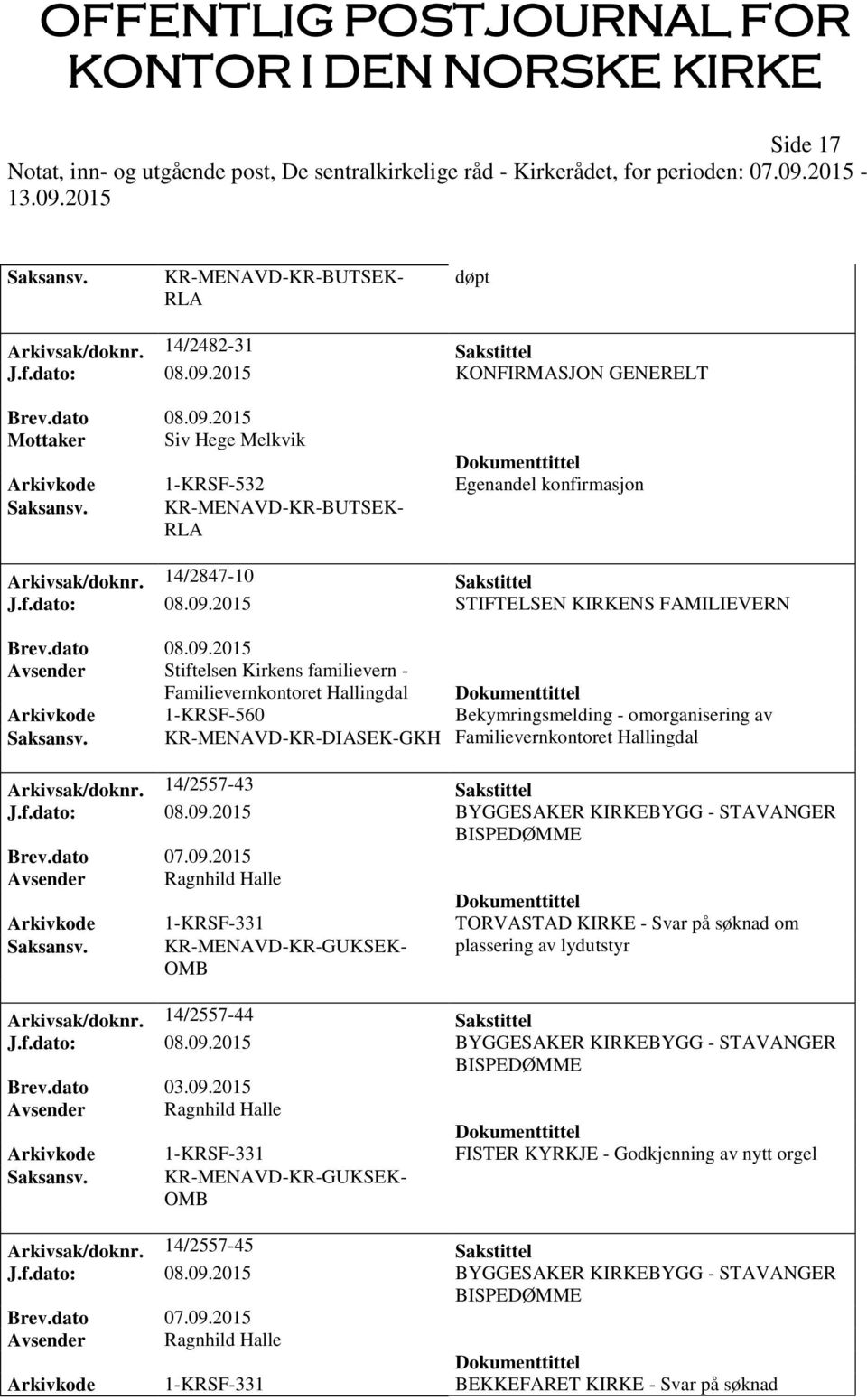 2015 STIFTELSEN KIRKENS FAMILIEVERN Avsender Stiftelsen Kirkens familievern - Familievernkontoret Hallingdal Arkivkode 1-KRSF-560 Bekymringsmelding - omorganisering av Saksansv.