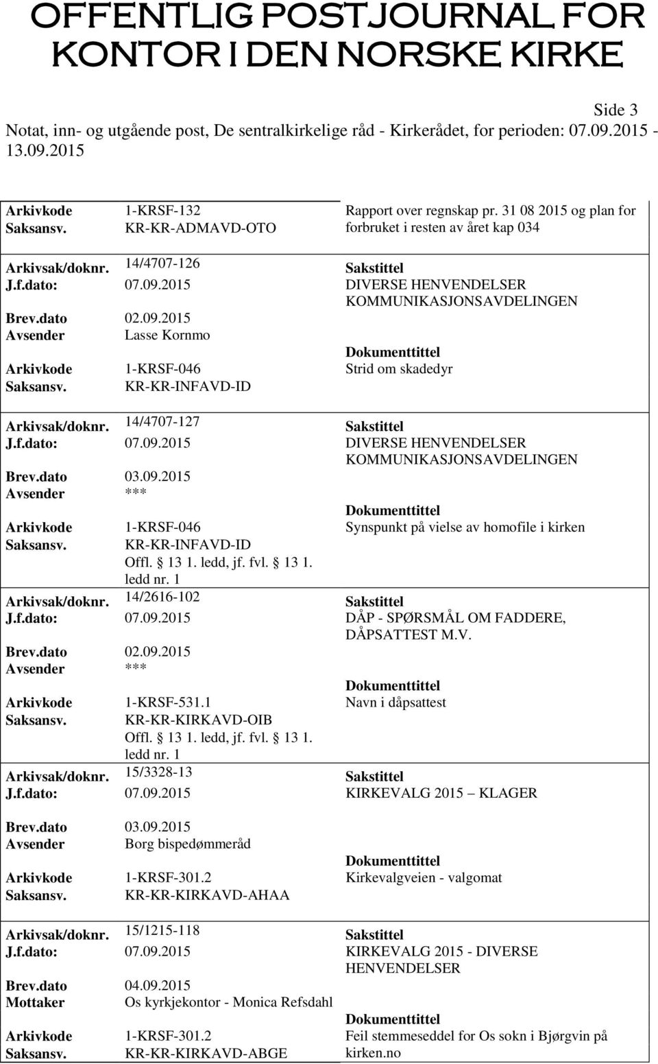 09.2015 DIVERSE KOMMUNIKASJONSAVDELINGEN Brev.dato 03.09.2015 Avsender *** Arkivkode 1-KRSF-046 Synspunkt på vielse av homofile i kirken Saksansv. KR-KR-INFAVD-ID Arkivsak/doknr.