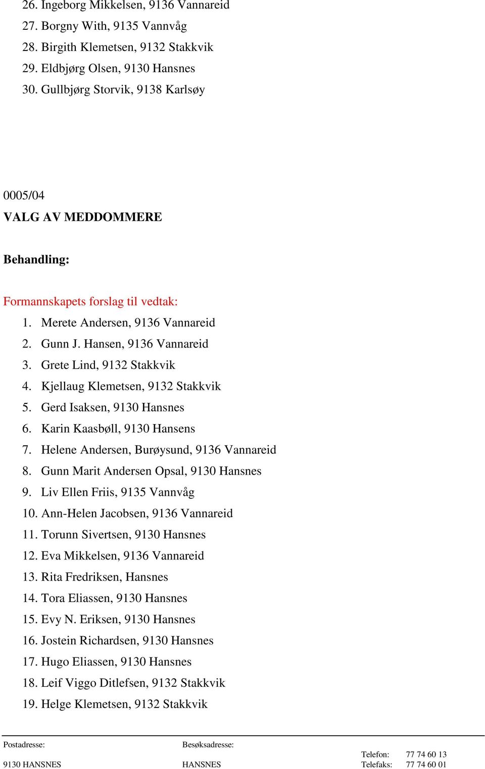 Kjellaug Klemetsen, 9132 Stakkvik 5. Gerd Isaksen, 9130 Hansnes 6. Karin Kaasbøll, 9130 Hansens 7. Helene Andersen, Burøysund, 9136 Vannareid 8. Gunn Marit Andersen Opsal, 9130 Hansnes 9.