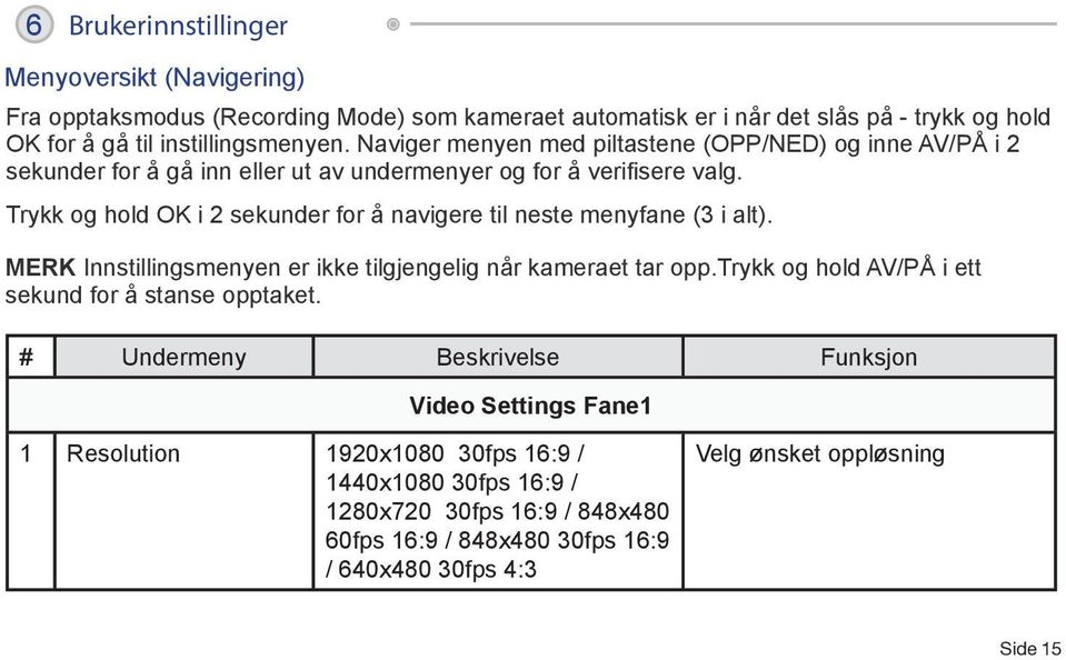 Trykk og hold OK i 2 sekunder for å navigere til neste menyfane (3 i alt). MERK Innstillingsmenyen er ikke tilgjengelig når kameraet tar opp.