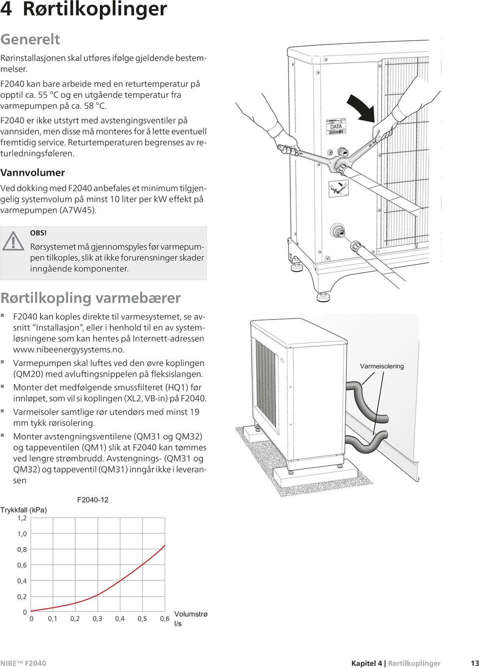 Returtemperaturen begrenses av returledningsføleren. DATA Vannvolumer Ved dokking med F2040 anbefales et minimum tilgjengelig systemvolum på minst 10 liter per kw effekt på varmepumpen (A7W45). OBS!
