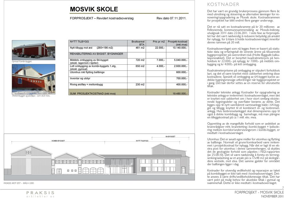 etg, 0 m.000,-.00.000,- (ekskl. gymsal) Utomhus inkl flytting ballbinge 00.000,- Inventar og utstyr 00.000,- Riving østfløy + mellombygg 0 m 00.000,- SUM PROSJEKTKOSTNAD (inkl mva).0.000,- kostnader Det har vært en grundig brukerprossess gjennom flere år, med utredning og skissering av alternative løsninger for renovering/oppgradering av Mosvik skole.