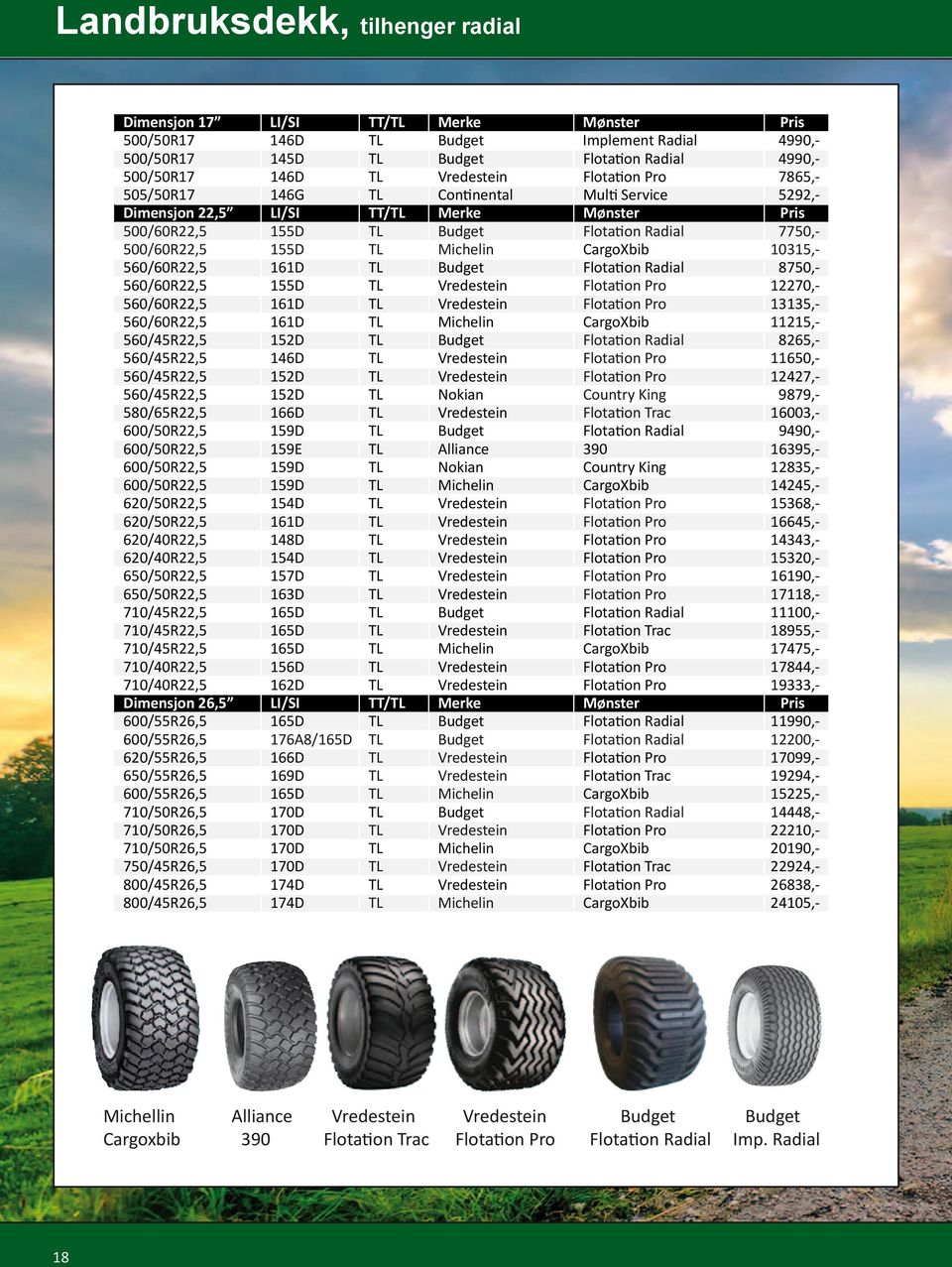 CargoXbib 10315,- 560/60R22,5 161D TL Budget Flotation Radial 8750,- 560/60R22,5 155D TL Vredestein Flotation Pro 12270,- 560/60R22,5 161D TL Vredestein Flotation Pro 13135,- 560/60R22,5 161D TL