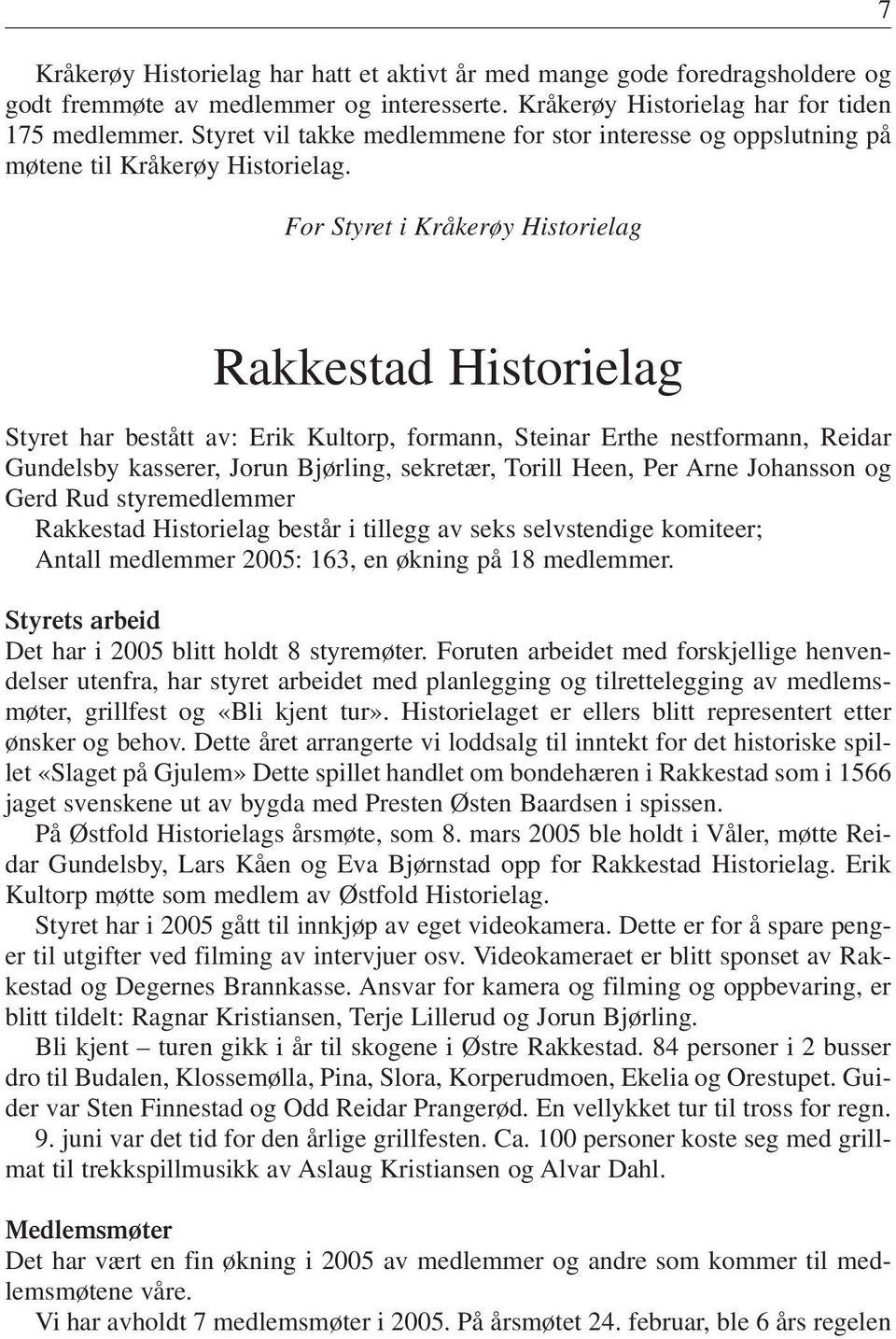 For Styret i Kråkerøy Historielag 7 Rakkestad Historielag Styret har bestått av: Erik Kultorp, formann, Steinar Erthe nestformann, Reidar Gundelsby kasserer, Jorun Bjørling, sekretær, Torill Heen,