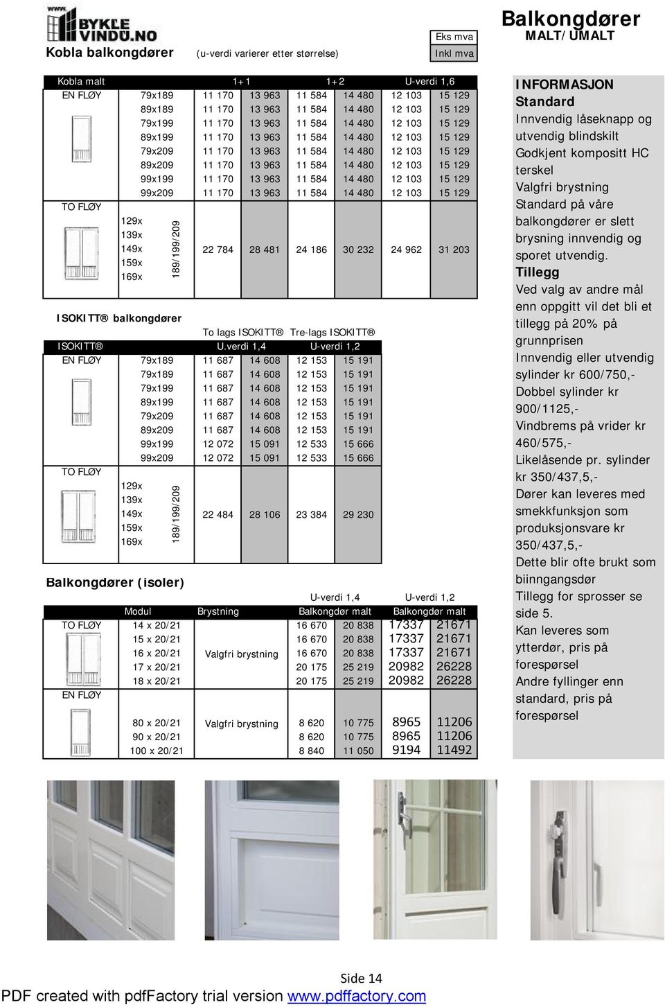 14 480 12 103 15 129 11 170 13 963 11 584 14 480 12 103 15 129 ISOKITT balkongdører To lags ISOKITT Tre-lags ISOKITT ISOKITT U.