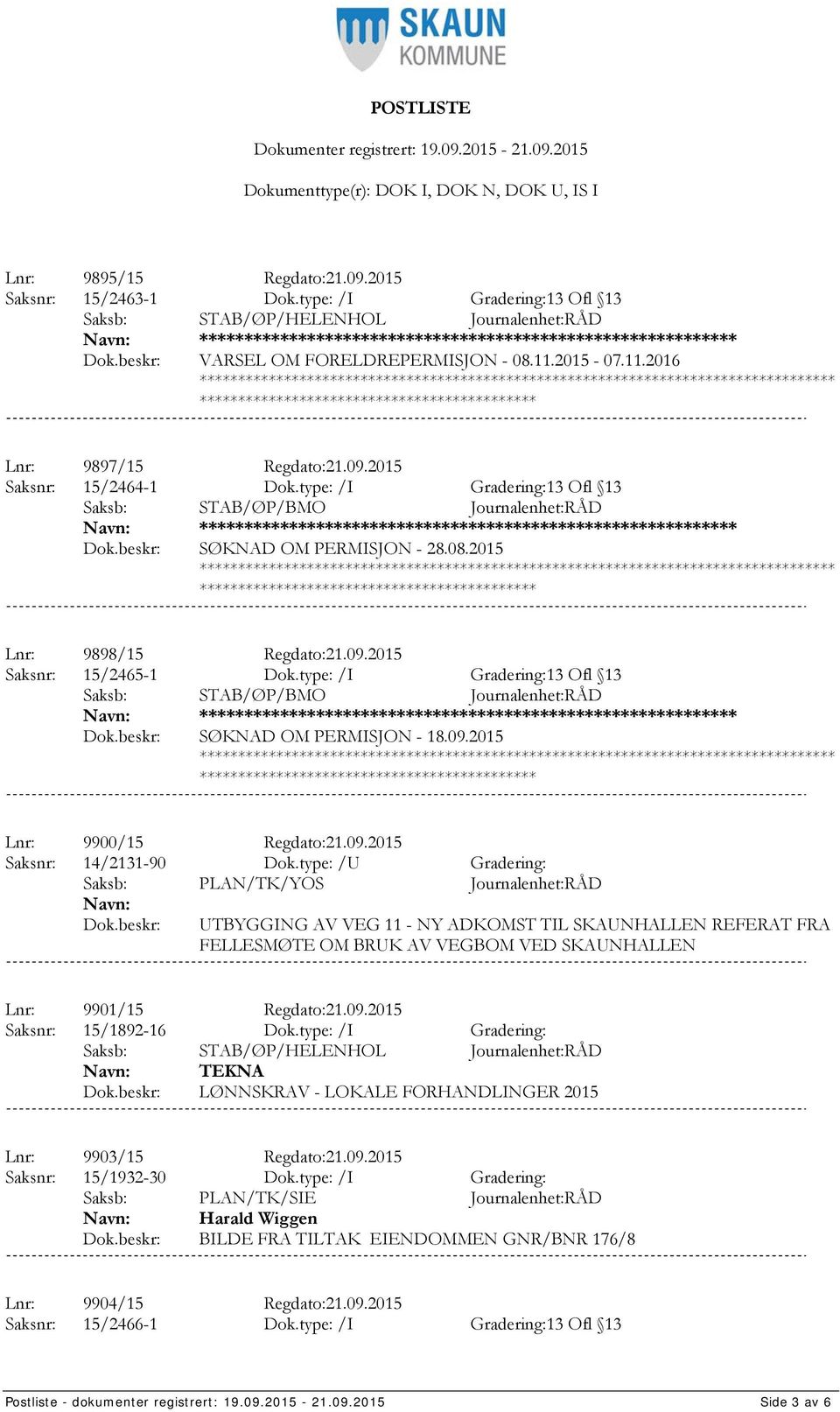 type: /I Gradering:13 Ofl 13 **************** SØKNAD OM PERMISJON - 18.09.2015 Lnr: 9900/15 Regdato:21.09.2015 Saksnr: 14/2131-90 Dok.