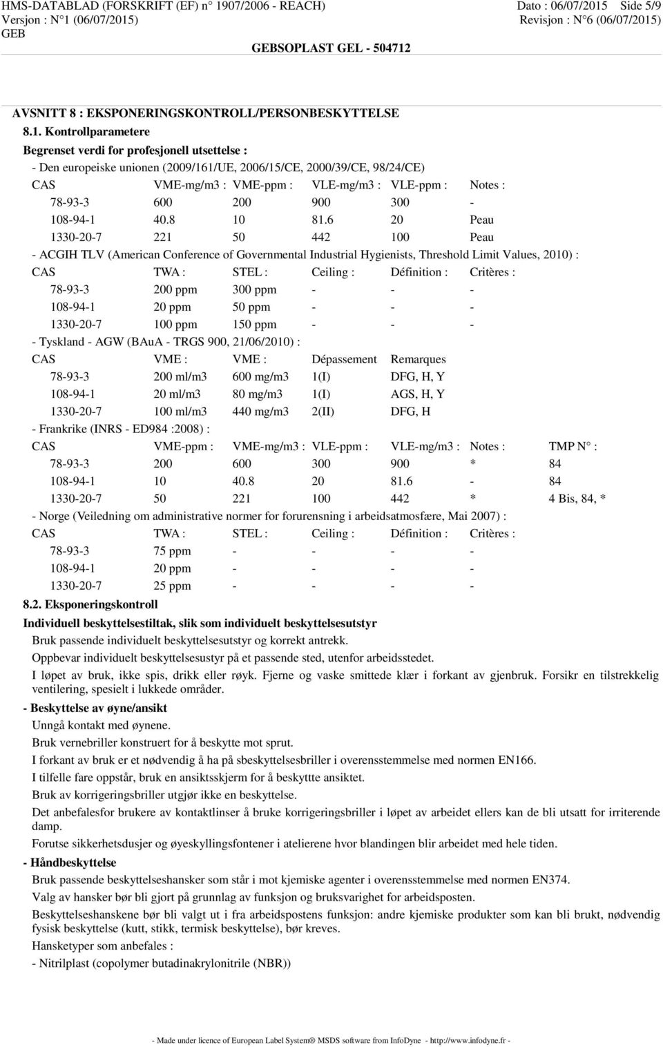 Side 5/9 AVSNITT 8 : EKSPONERINGSKONTROLL/PERSONBESKYTTELSE 8.1.