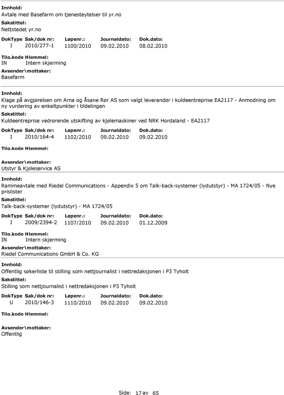 kjølemaskiner ved NRK Hordaland - EA2117 2010/164-4 1102/2010 tstyr & Kjøleservice AS Rammeavtale med Riedel Communications - Appendix 5 om Talk-back-systemer (lydutstyr) - MA 1724/05 - Nye