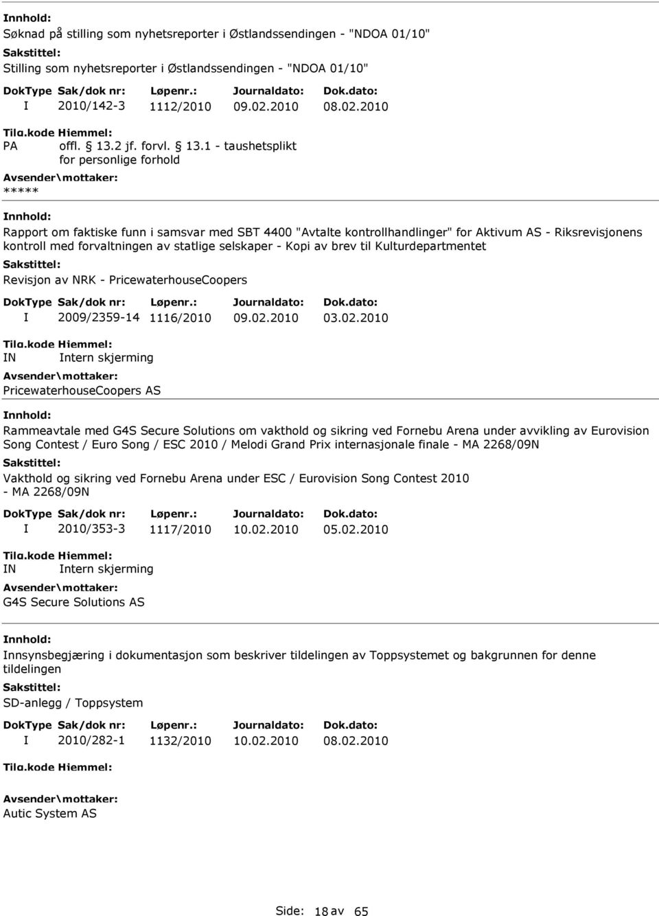 Kulturdepartmentet Revisjon av NRK - PricewaterhouseCoopers N 2009/2359-14 1116/2010 ntern skjerming PricewaterhouseCoopers AS 03.02.