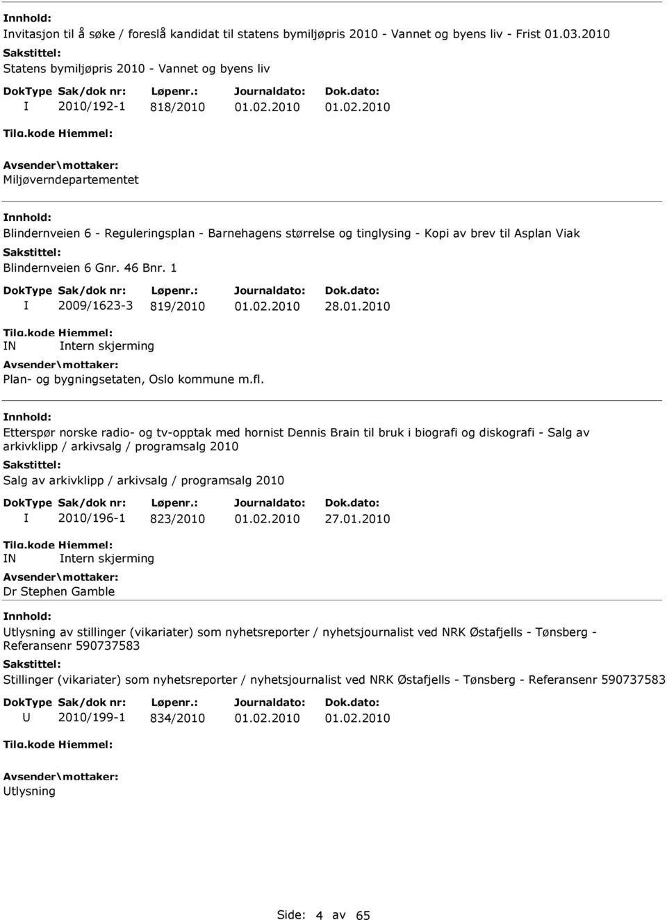 1 N 2009/1623-3 819/2010 ntern skjerming 01.02.2010 28.01.2010 Plan- og bygningsetaten, Oslo kommune m.fl.